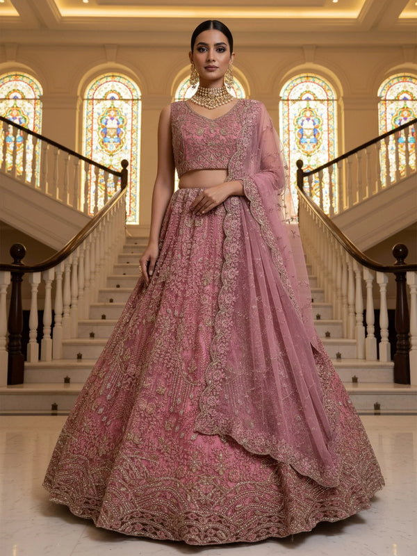 Pretty Pink Dori Embroidery Net Engagement Wear Lehenga Choli With Dupatta