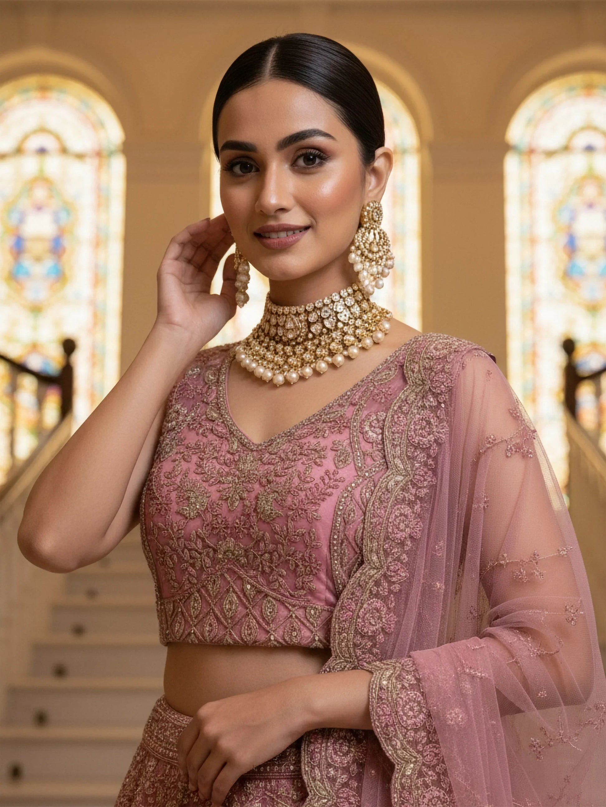 Pretty Pink Dori Embroidery Net Engagement Wear Lehenga Choli With Dupatta
