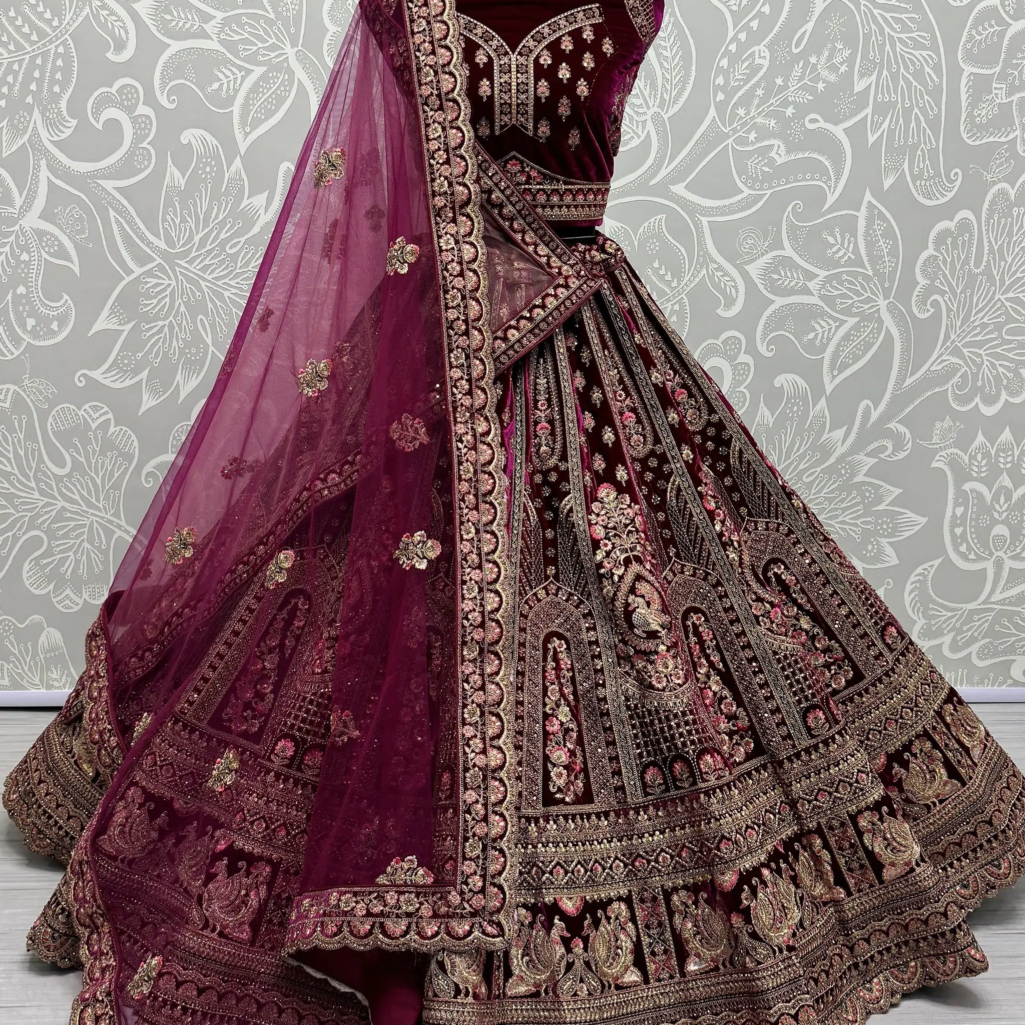 Pretty Pink Dori Work Velvet Bridal Lehenga Choli With Double Dupatta - Zeel Clothing