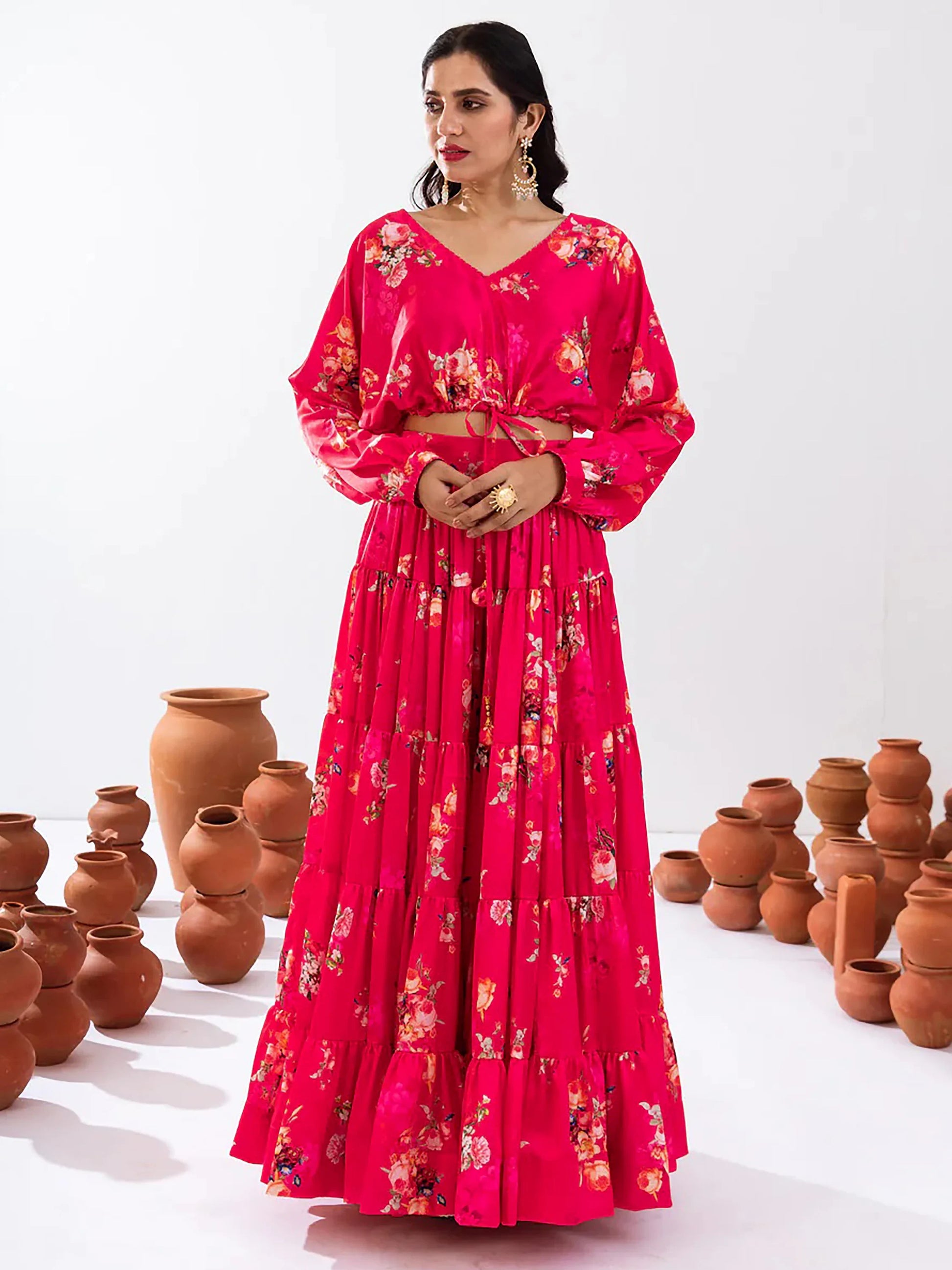 Pretty Pink Floral Printed Chinon Festival Wear Crop Top Lehenga - Zeel Clothing