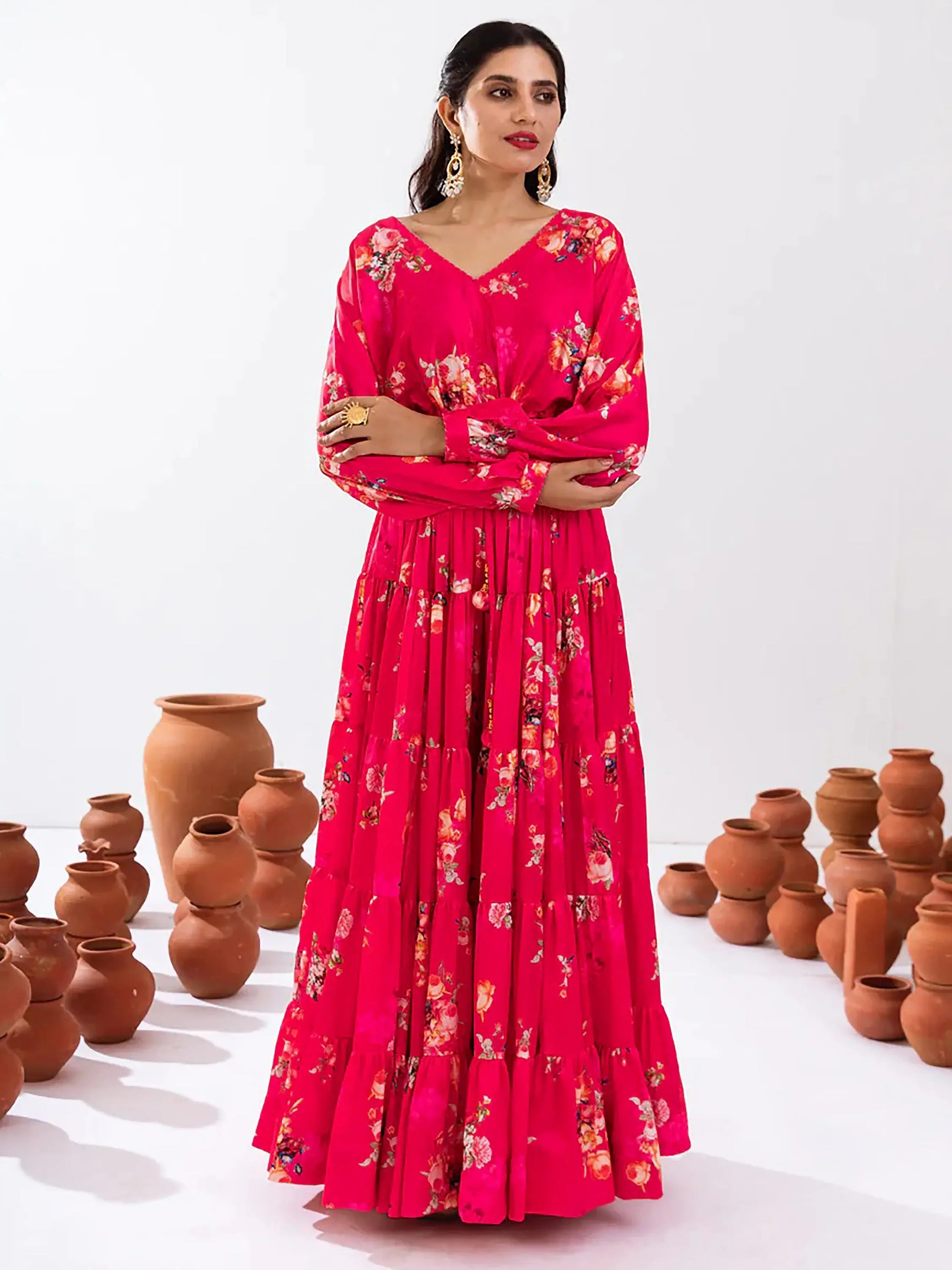 Pretty Pink Floral Printed Chinon Festival Wear Crop Top Lehenga - Zeel Clothing