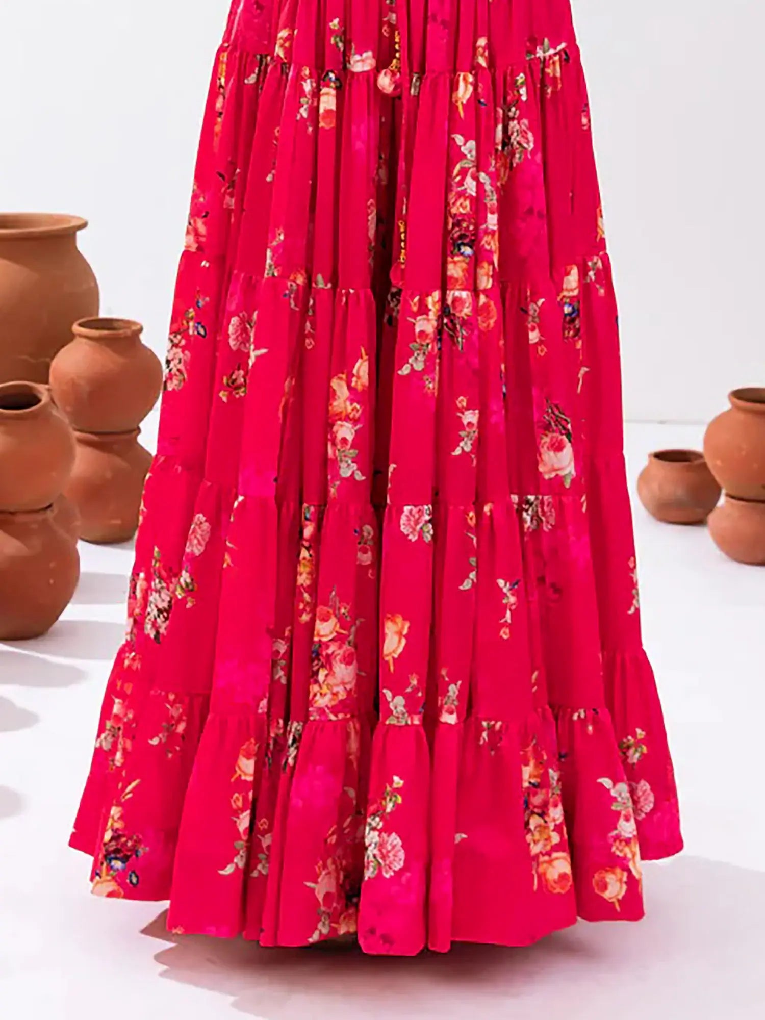 Pretty Pink Floral Printed Chinon Festival Wear Crop Top Lehenga - Zeel Clothing