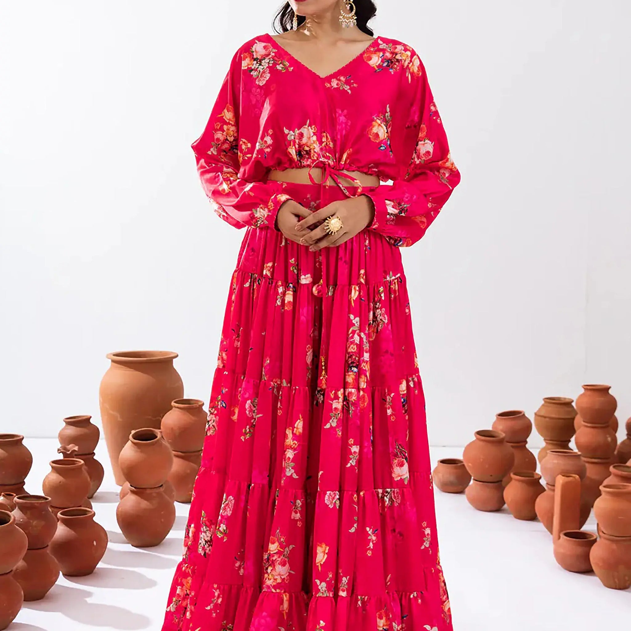 Pretty Pink Floral Printed Chinon Festival Wear Crop Top Lehenga - Zeel Clothing