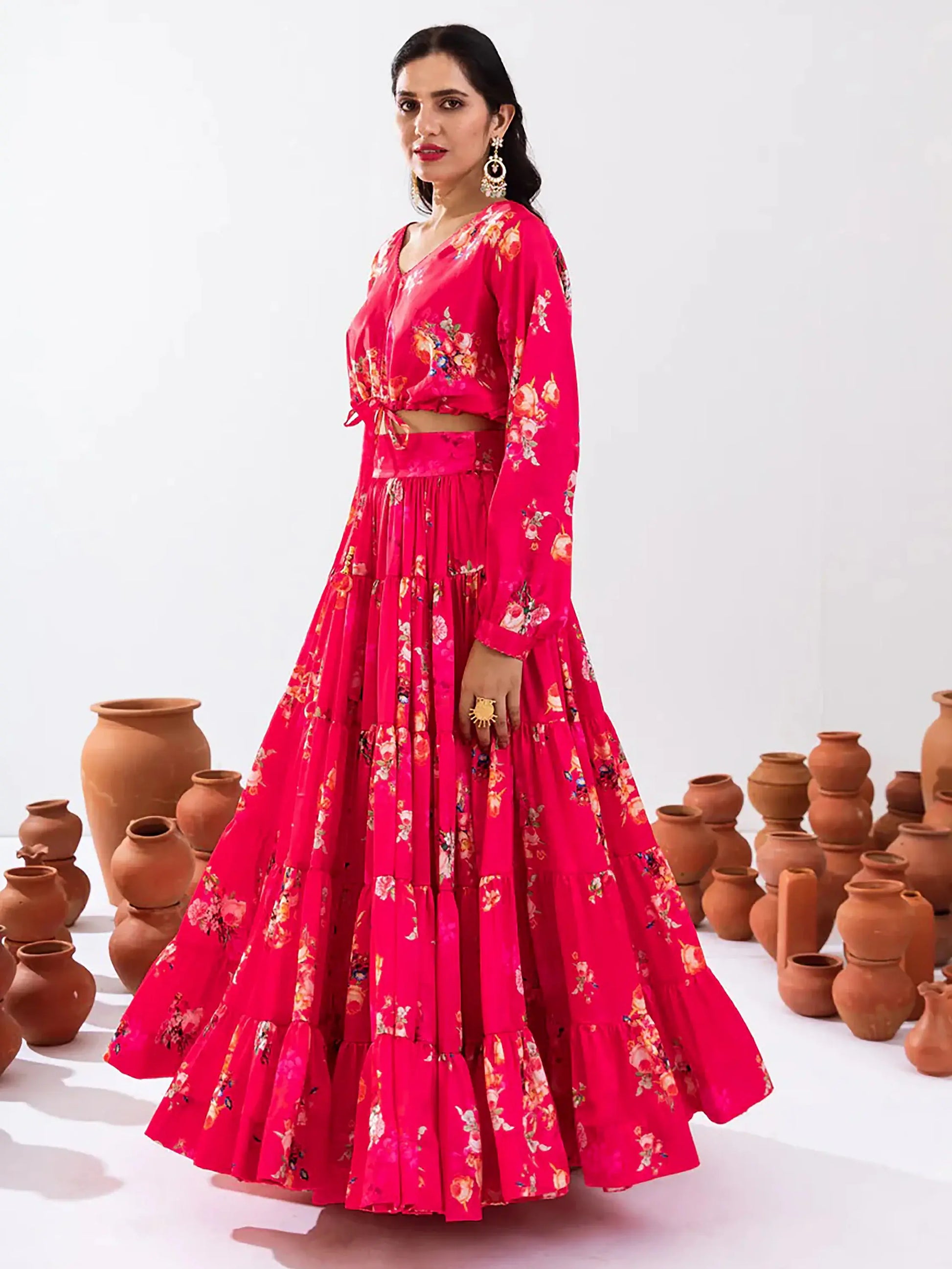 Pretty Pink Floral Printed Chinon Festival Wear Crop Top Lehenga - Zeel Clothing