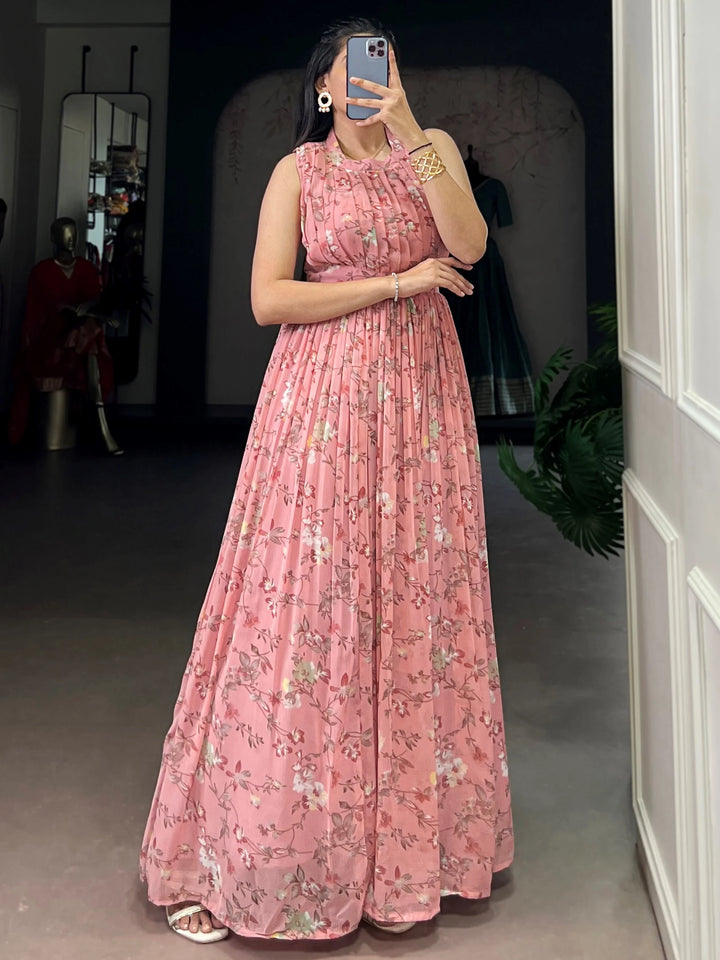 Pretty Pink Floral Printed Georgette Western Wear Dress