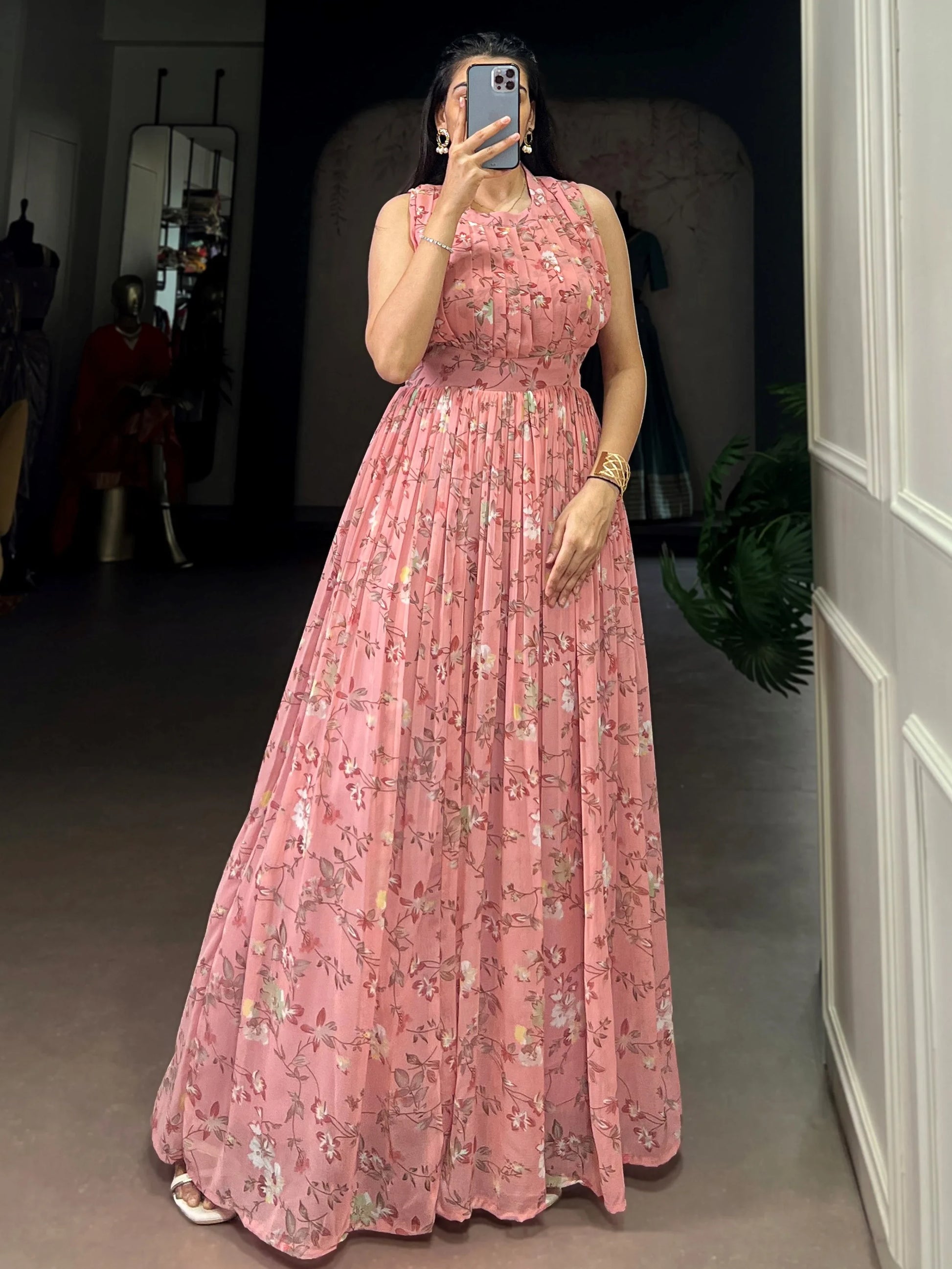 Pretty Pink Floral Printed Georgette Western Wear Dress