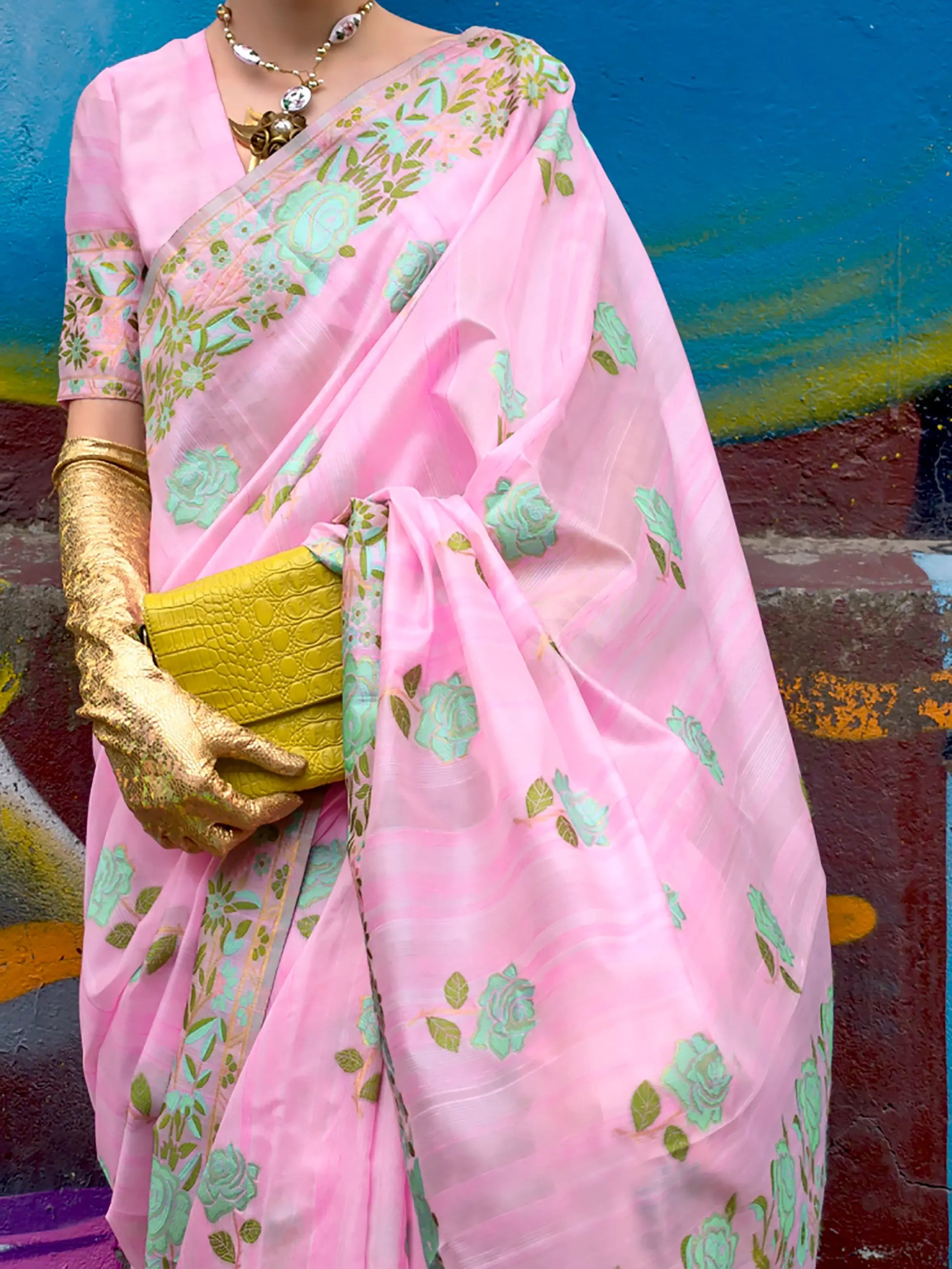 Pretty Pink Floral Printed Silk Occasions Wear Saree With Blouse - Zeel Clothing
