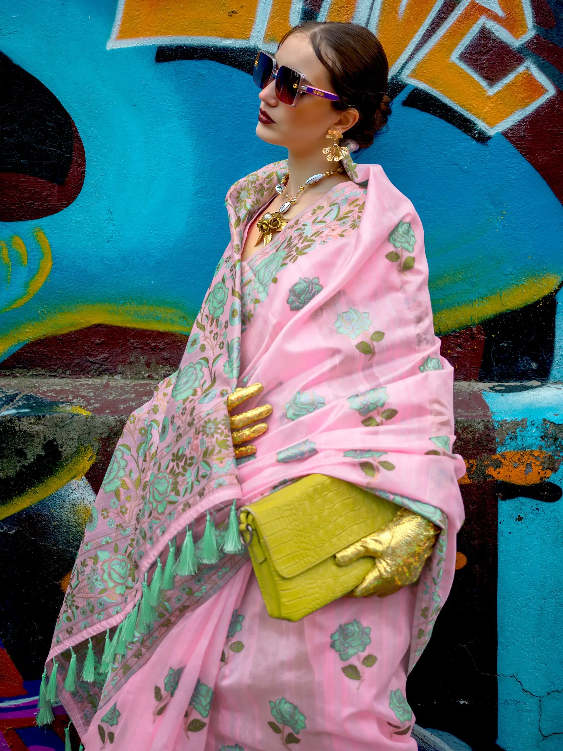 Pretty Pink Floral Printed Silk Occasions Wear Saree With Blouse - Zeel Clothing