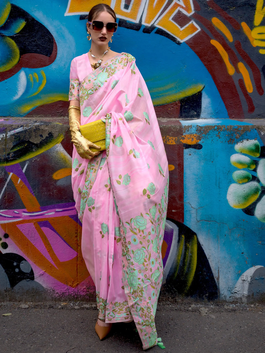 Pretty Pink Floral Printed Silk Occasions Wear Saree With Blouse - Zeel Clothing