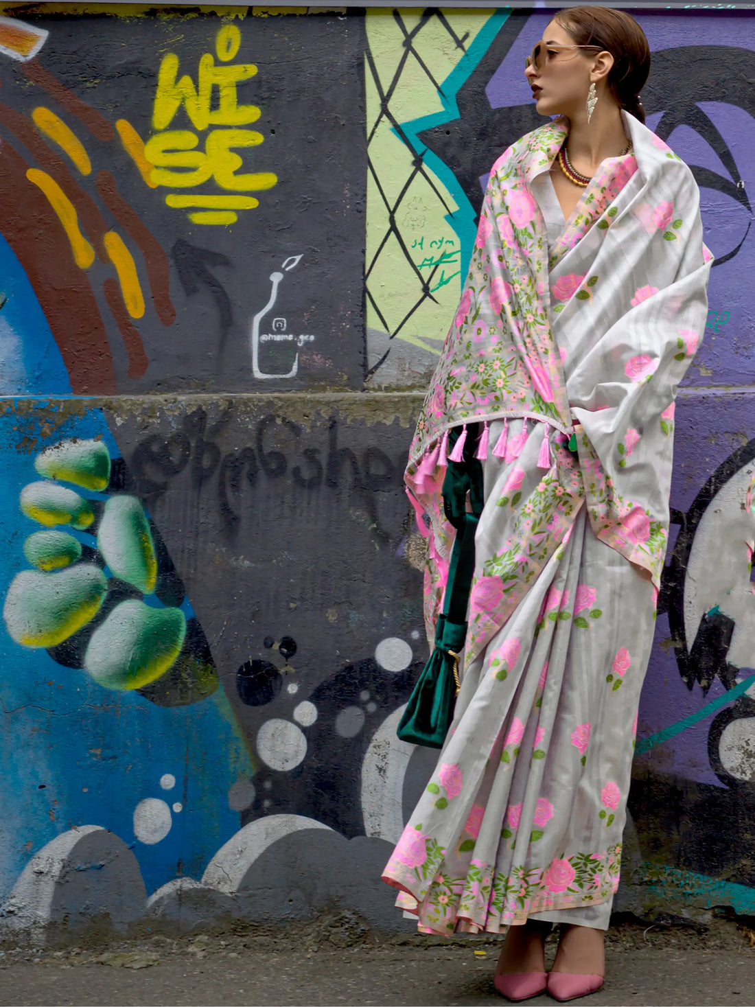 Pretty Pink Floral Printed Silk Occasions Wear Saree With Blouse - Zeel Clothing