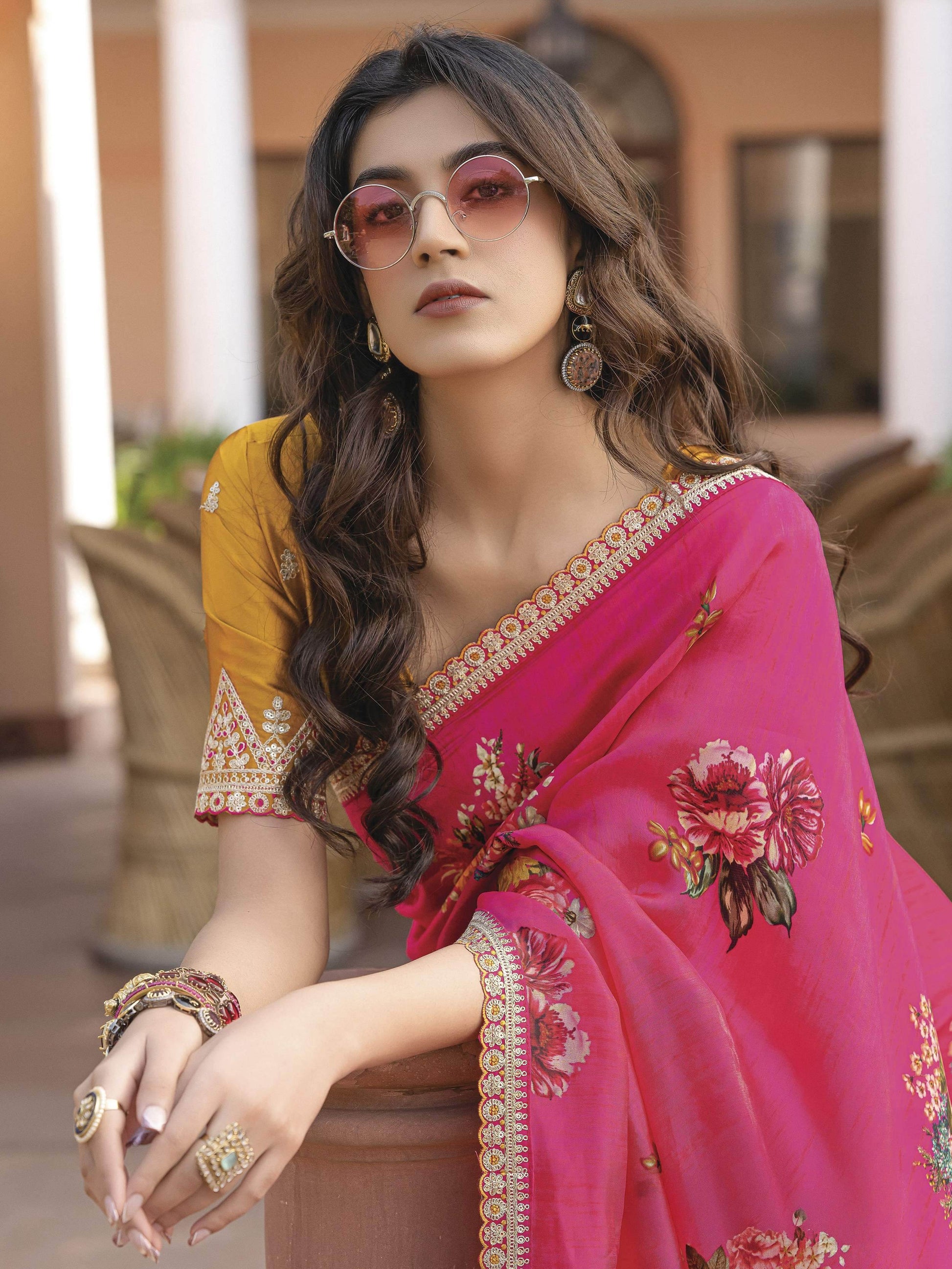 Pretty Pink Floral Printed Silk Saree With Mustard Yellow Blouse - Zeel Clothing