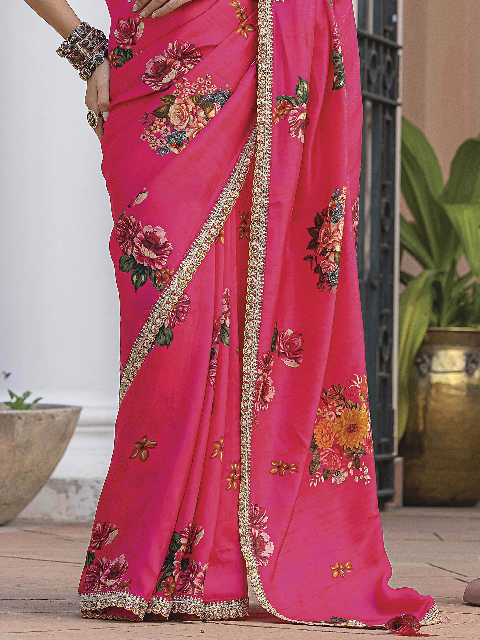 Pretty Pink Floral Printed Silk Saree With Mustard Yellow Blouse - Zeel Clothing