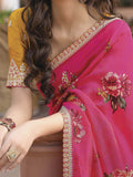Pretty Pink Floral Printed Silk Saree With Mustard Yellow Blouse - Zeel Clothing