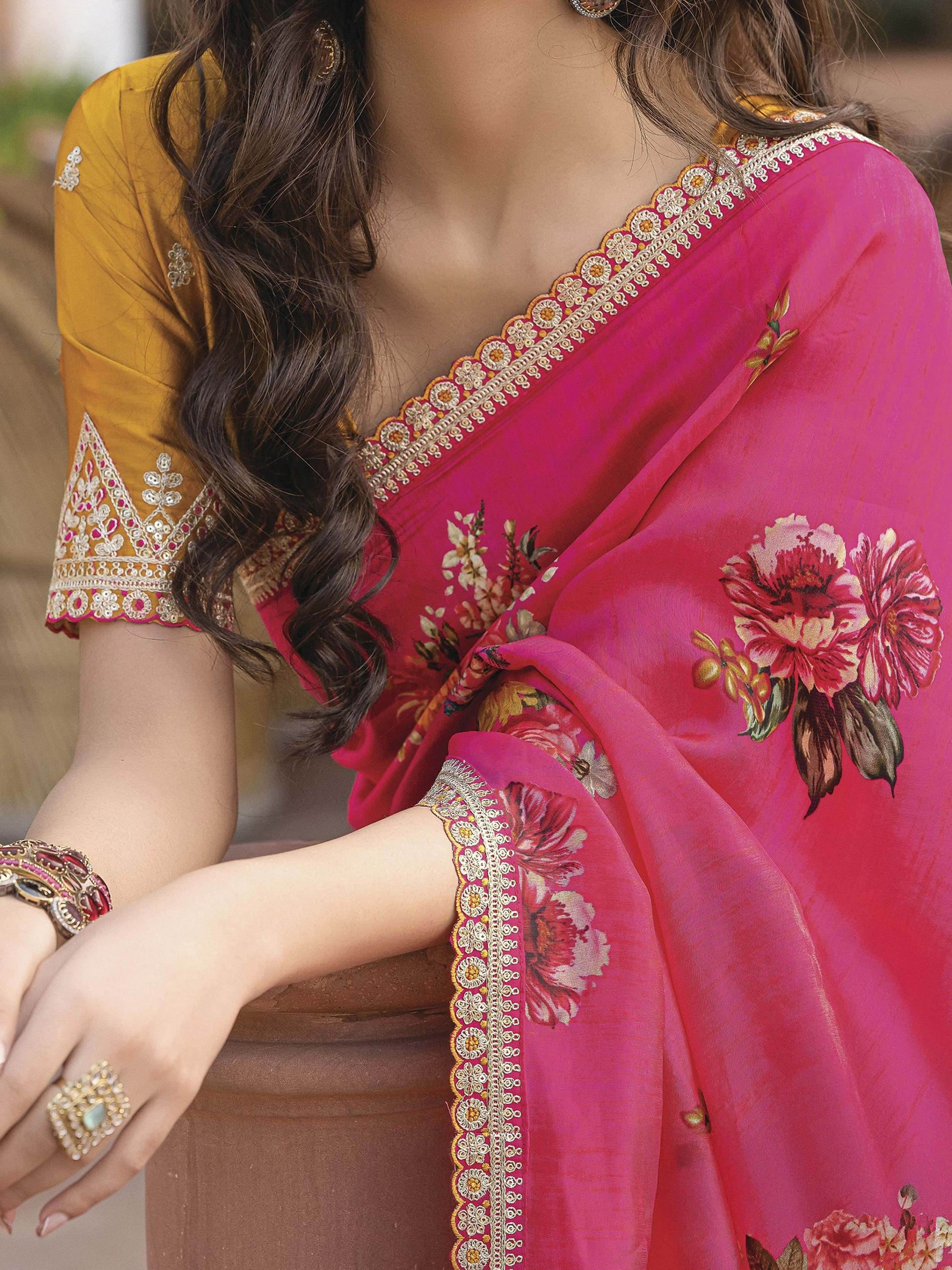 Pretty Pink Floral Printed Silk Saree With Mustard Yellow Blouse - Zeel Clothing