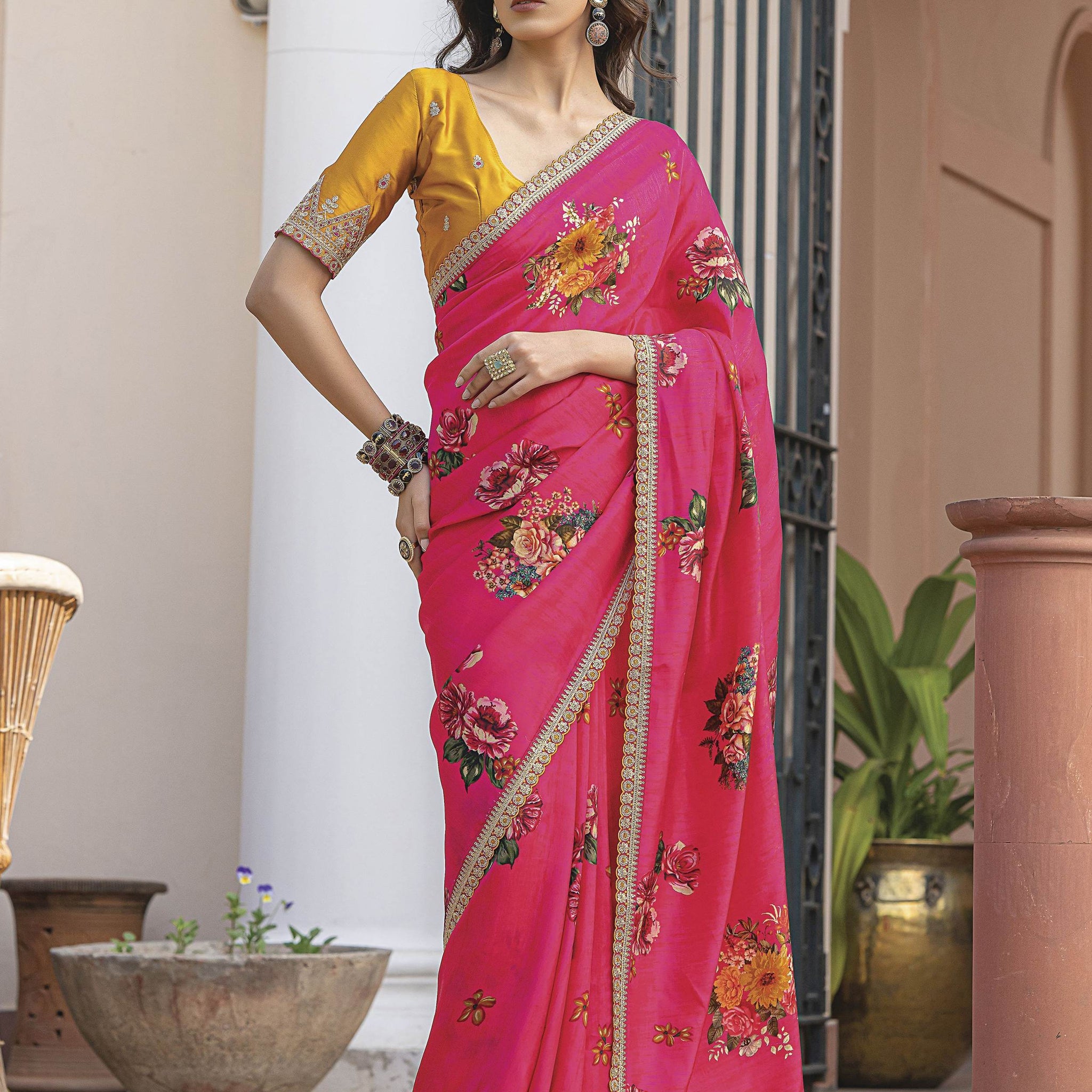 Pretty Pink Floral Printed Silk Saree With Mustard Yellow Blouse - Zeel Clothing