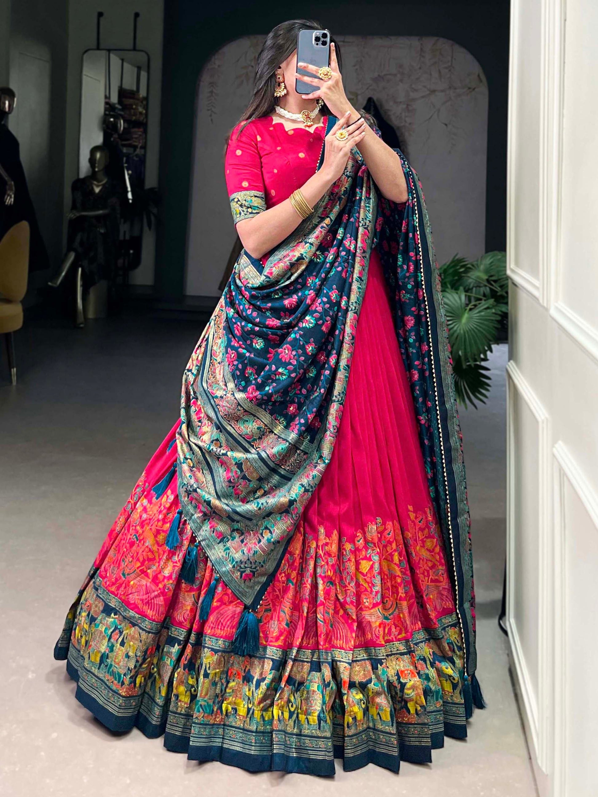 Pretty Pink Foil Work Tussar Silk Lehenga Choli With Navy Blue Dupatta - Zeel Clothing
