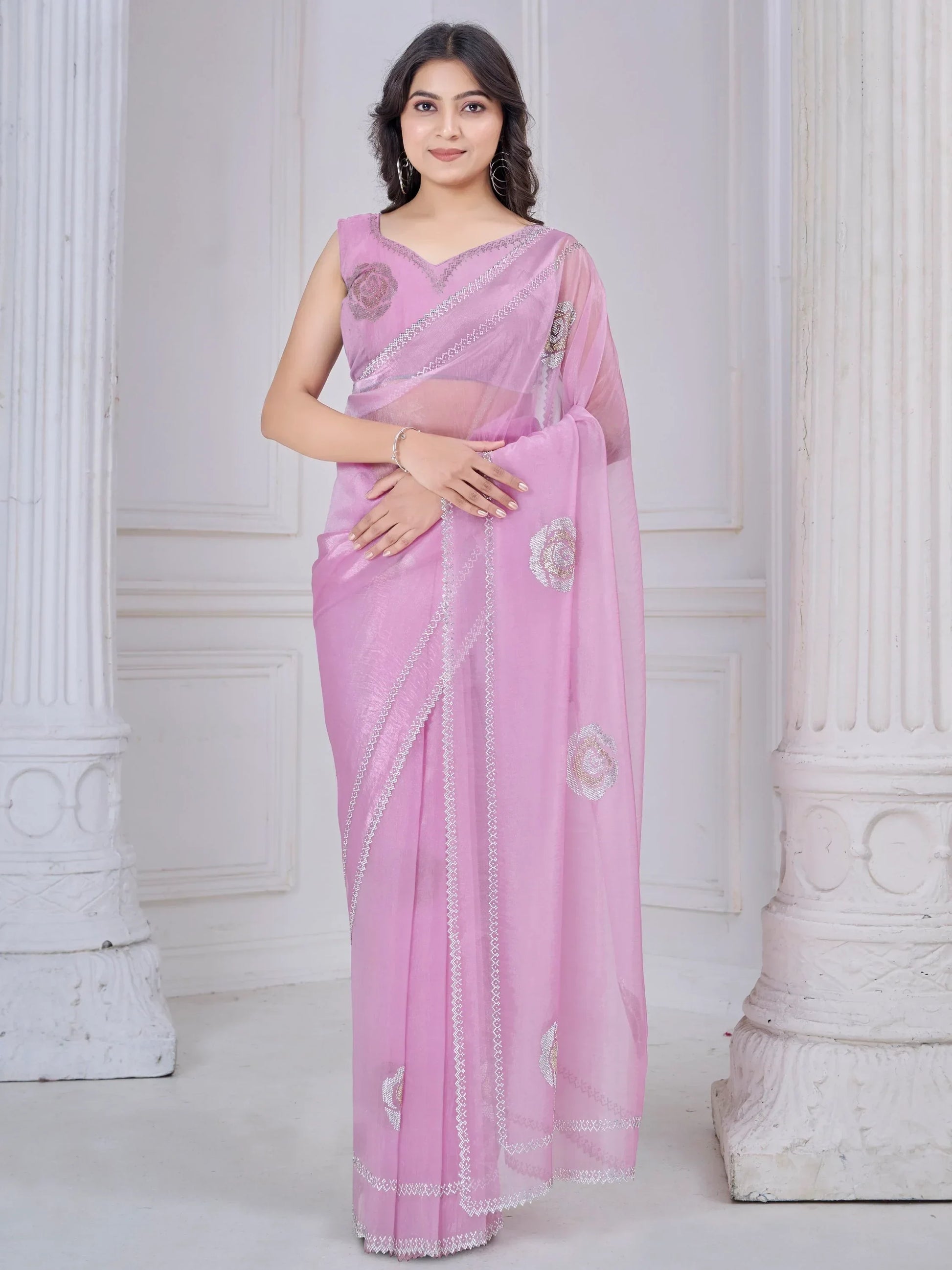 Pretty Pink Jarkan Work Organza Evening Wear Saree With Blouse - Zeel Clothing