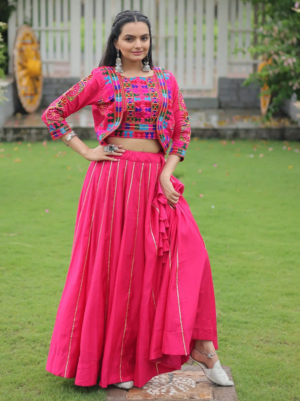 Pretty Pink Kutchi Work Silk Navratri Special Lehenga Choli With Jacket - Zeel Clothing
