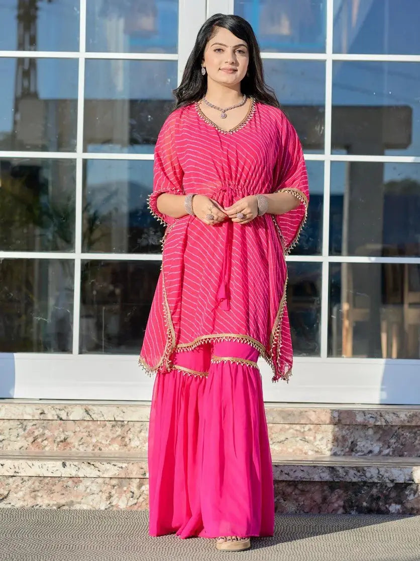 Pretty Pink Leheriya Printed Georgette Party Wear Kaftan Sharara Suit - Zeel Clothing