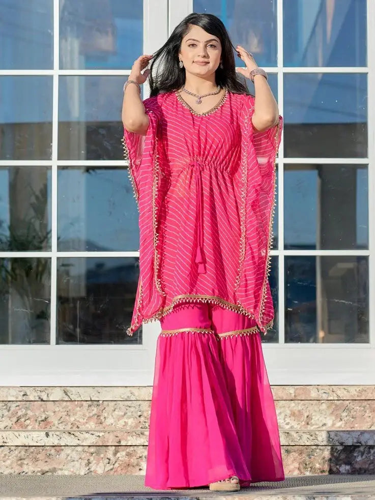 Pretty Pink Leheriya Printed Georgette Party Wear Kaftan Sharara Suit - Zeel Clothing