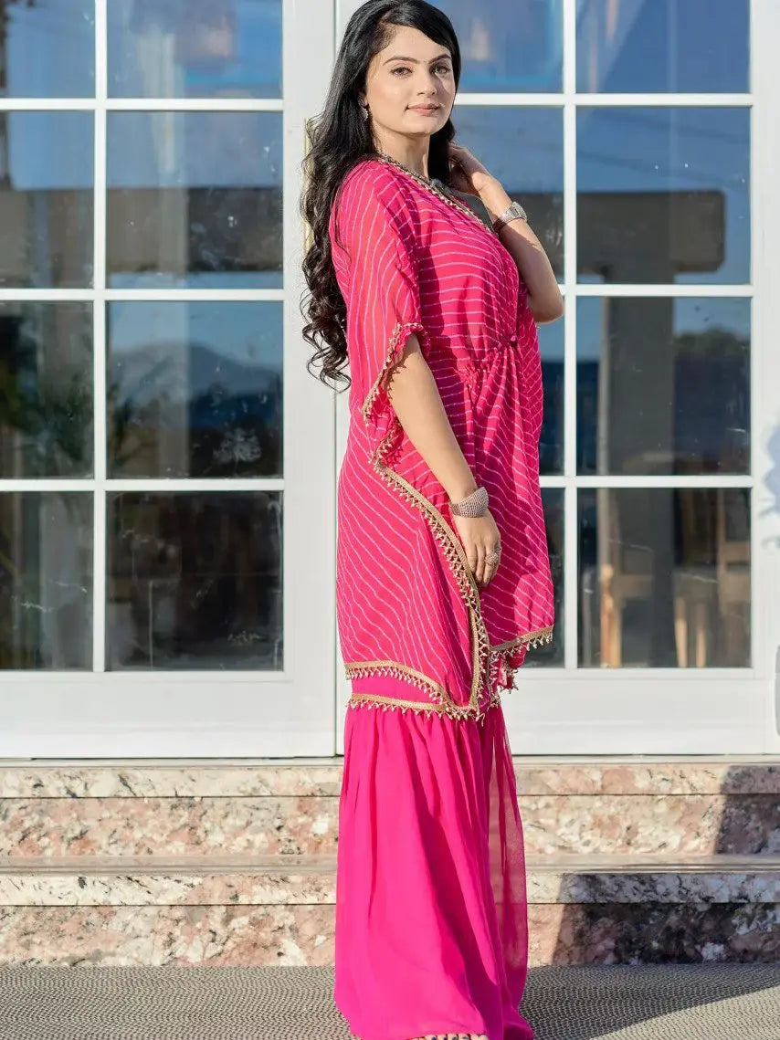 Pretty Pink Leheriya Printed Georgette Party Wear Kaftan Sharara Suit - Zeel Clothing