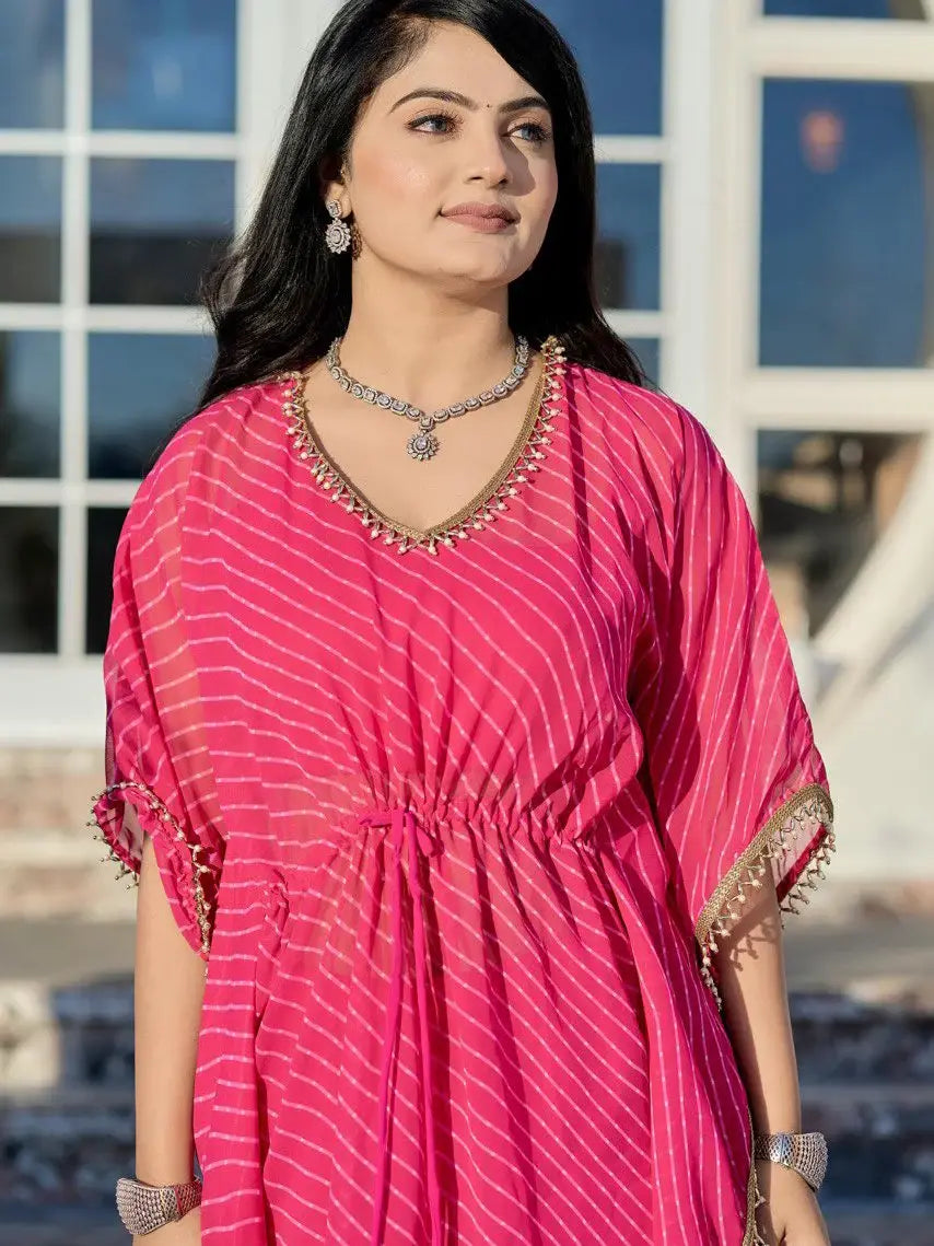 Pretty Pink Leheriya Printed Georgette Party Wear Kaftan Sharara Suit - Zeel Clothing