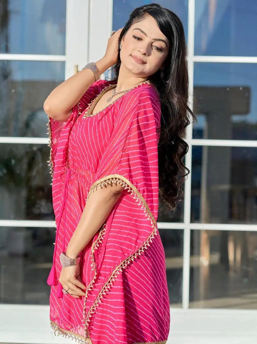 Pretty Pink Leheriya Printed Georgette Party Wear Kaftan Sharara Suit - Zeel Clothing
