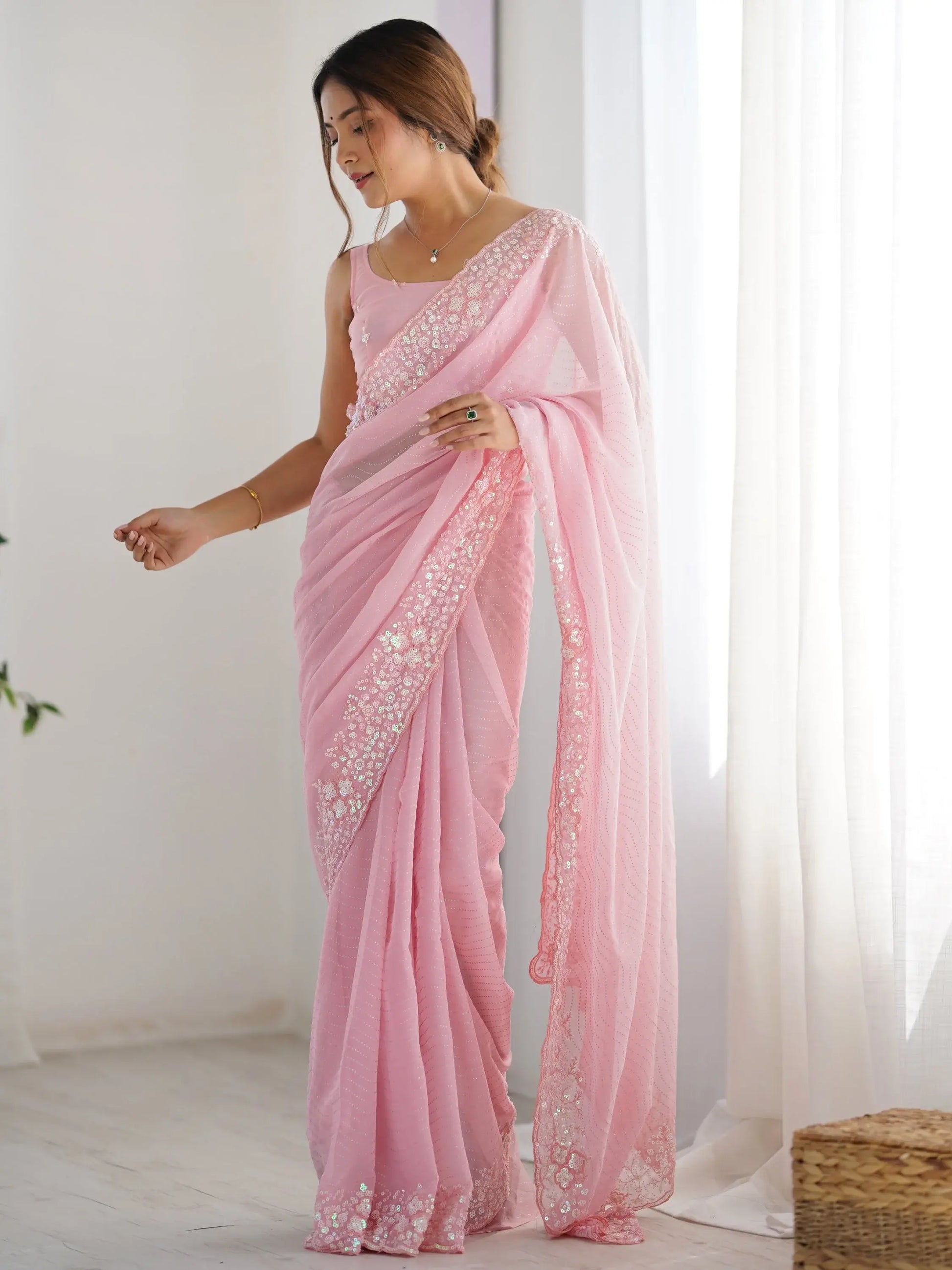 Pretty Pink Sequins Embroidered Georgette Engagement Wear Saree - Zeel Clothing