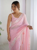 Pretty Pink Sequins Embroidered Georgette Engagement Wear Saree - Zeel Clothing