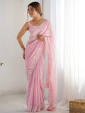 Pretty Pink Sequins Embroidered Georgette Engagement Wear Saree - Zeel Clothing