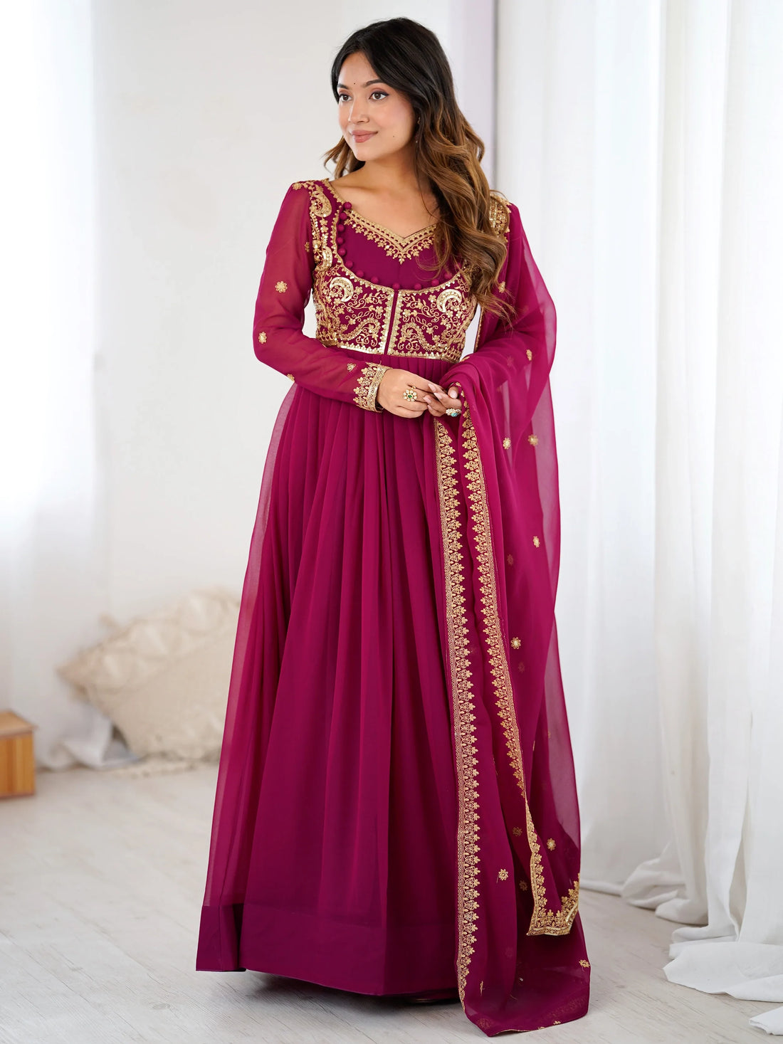 Pretty Pink Sequins Georgette Engagement Wear Anarkali Gown With Dupatta
