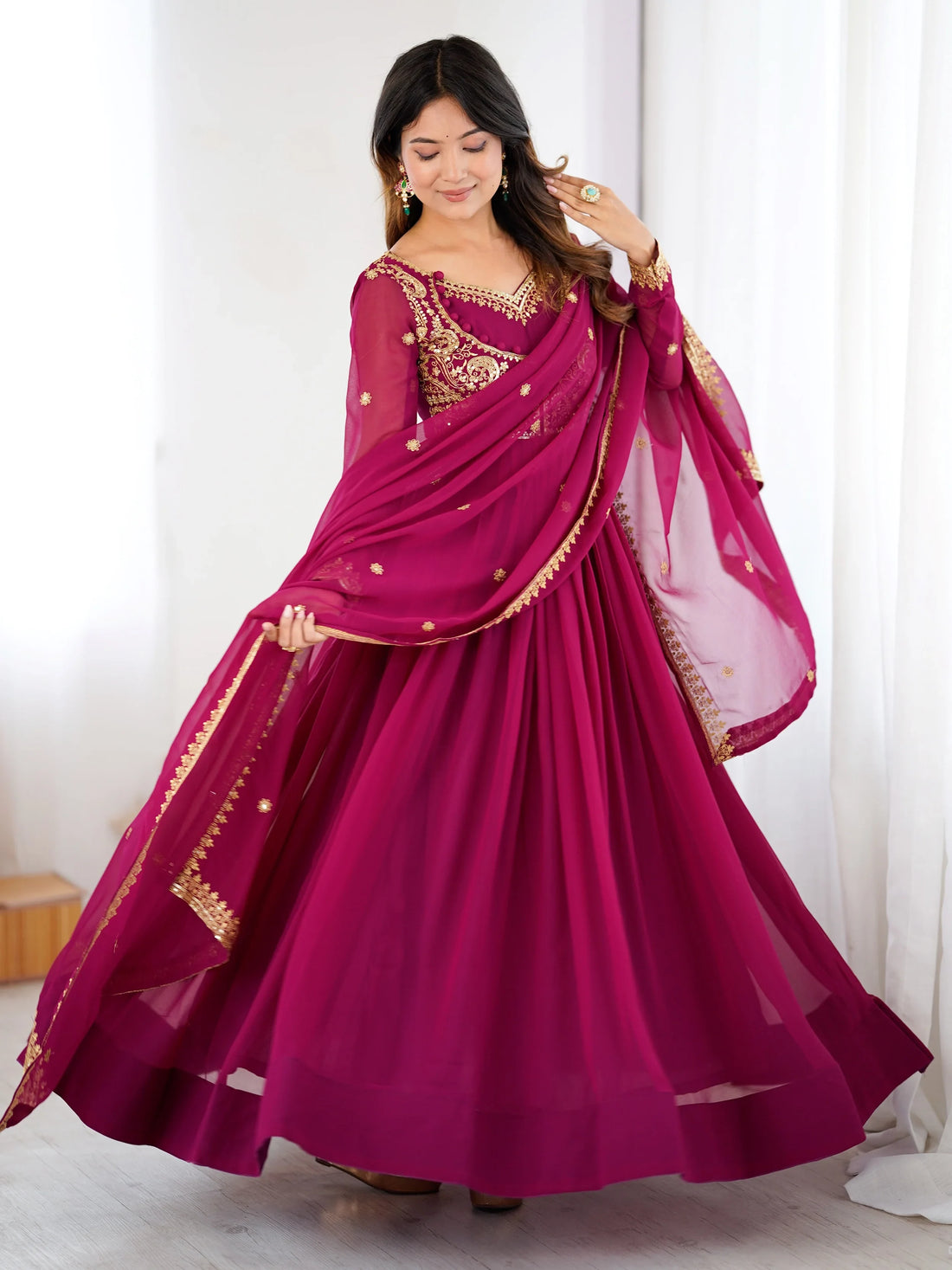 Pretty Pink Sequins Georgette Engagement Wear Anarkali Gown With Dupatta
