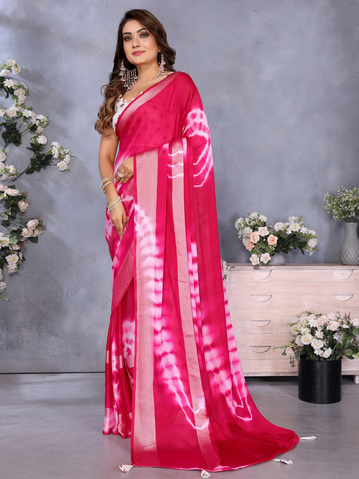 Pretty Pink Shibori Printed Chiffon Function Wear Saree With Blouse - Zeel Clothing