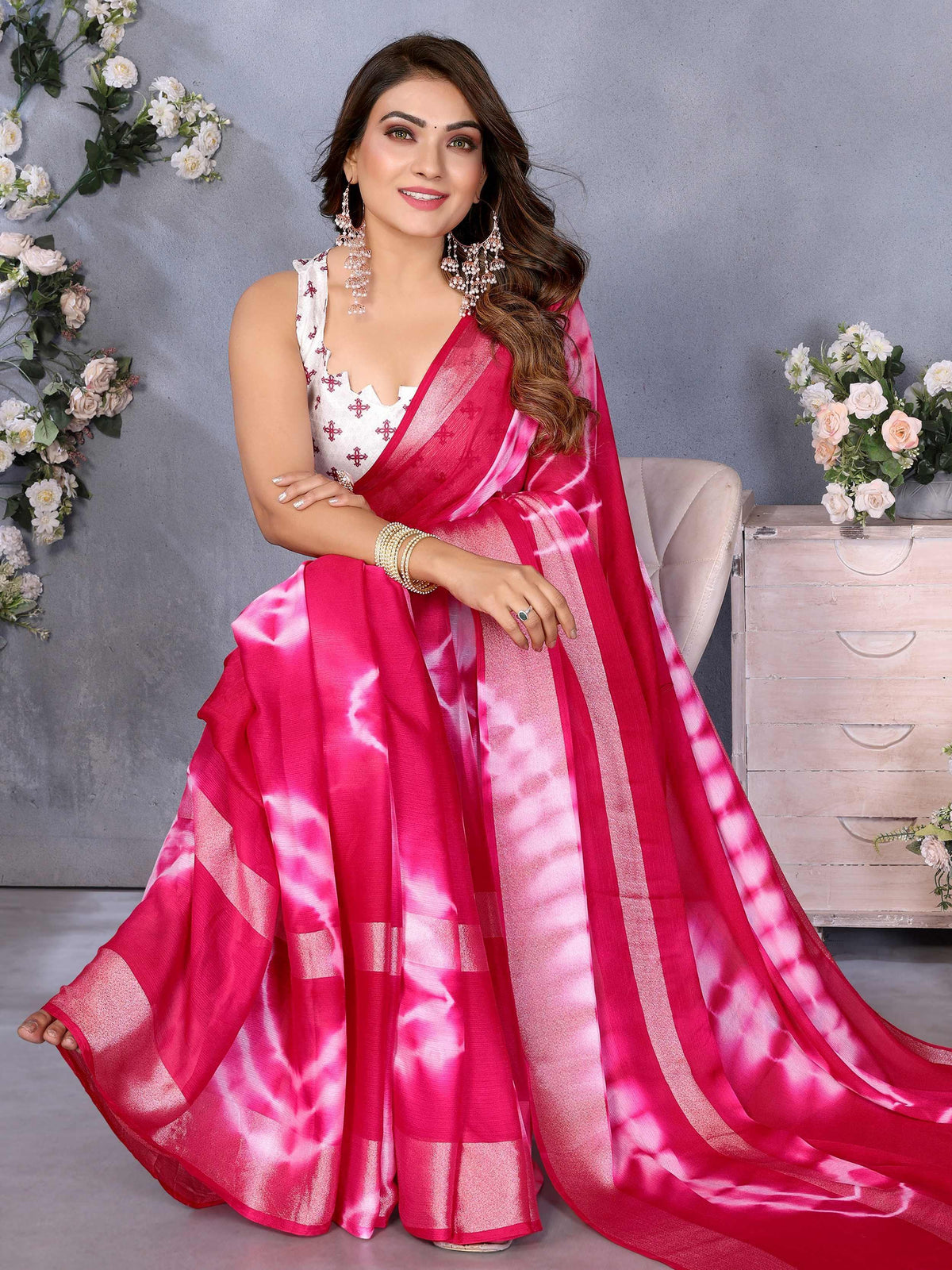 Pretty Pink Shibori Printed Chiffon Function Wear Saree With Blouse - Zeel Clothing