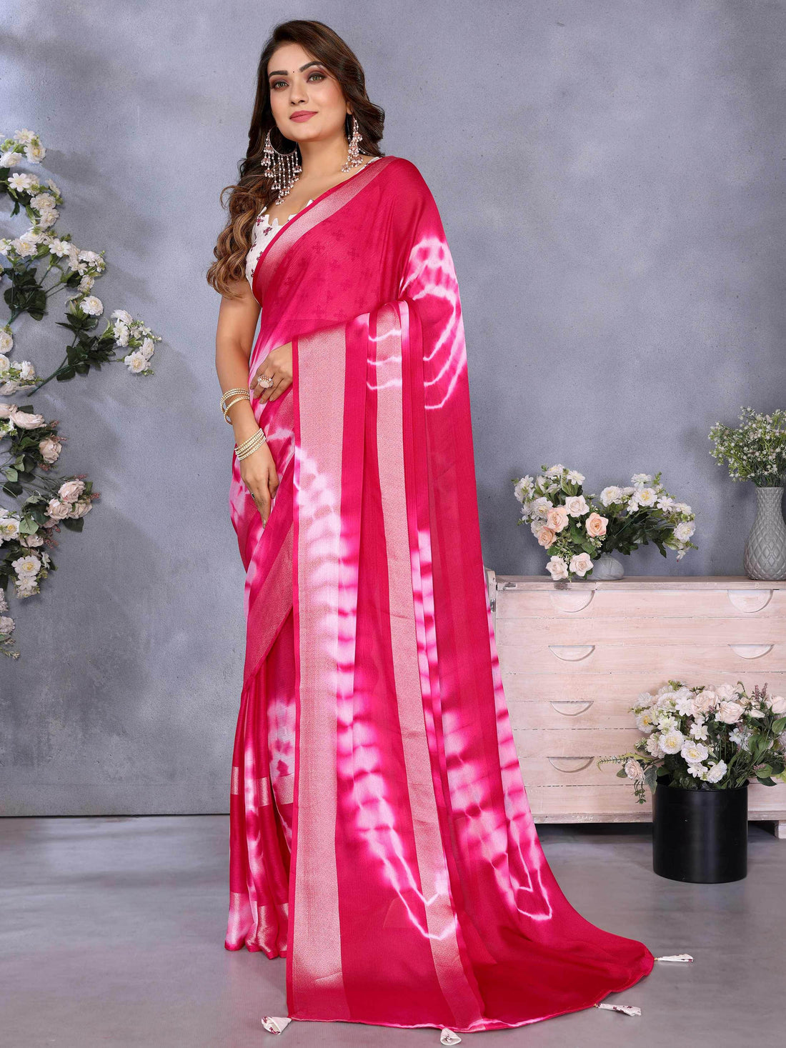 Pretty Pink Shibori Printed Chiffon Function Wear Saree With Blouse - Zeel Clothing