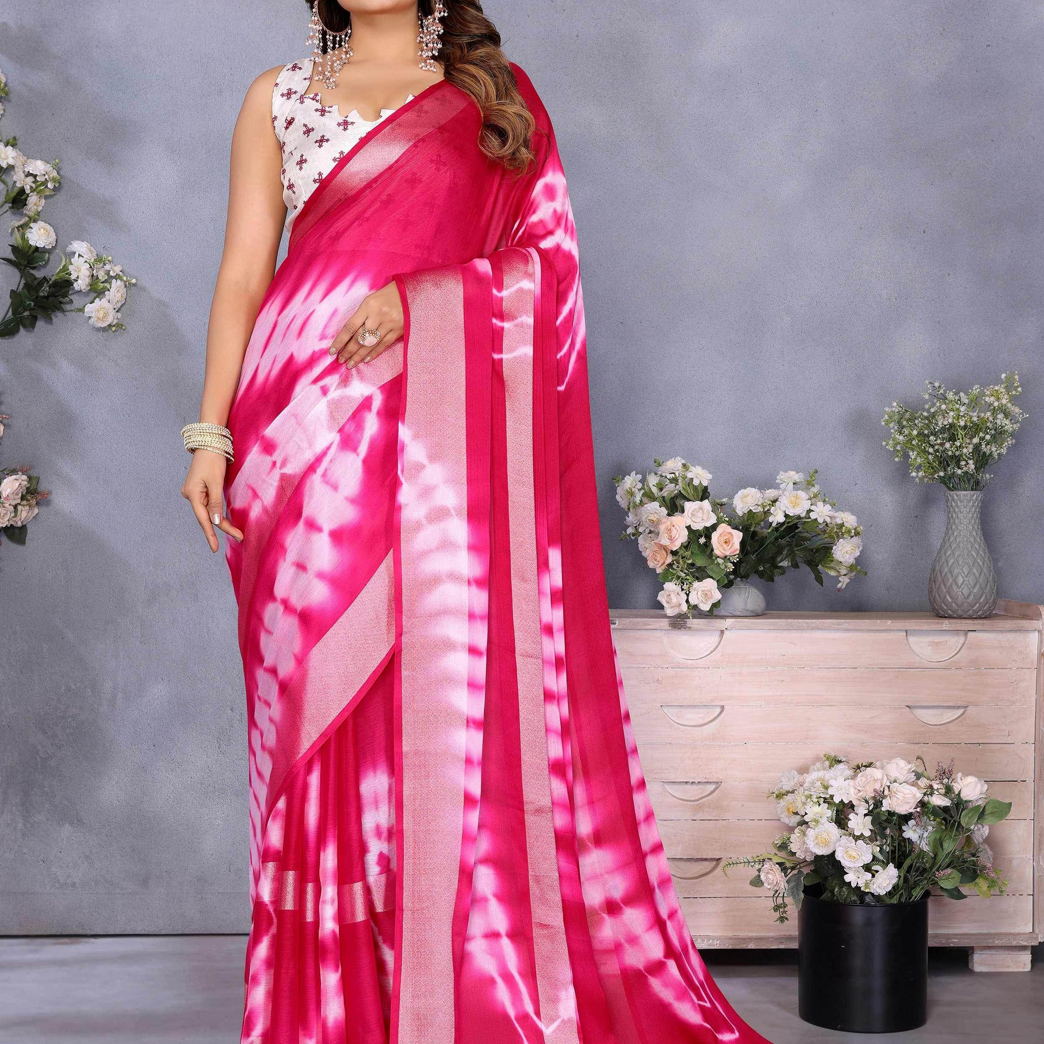 Pretty Pink Shibori Printed Chiffon Function Wear Saree With Blouse - Zeel Clothing