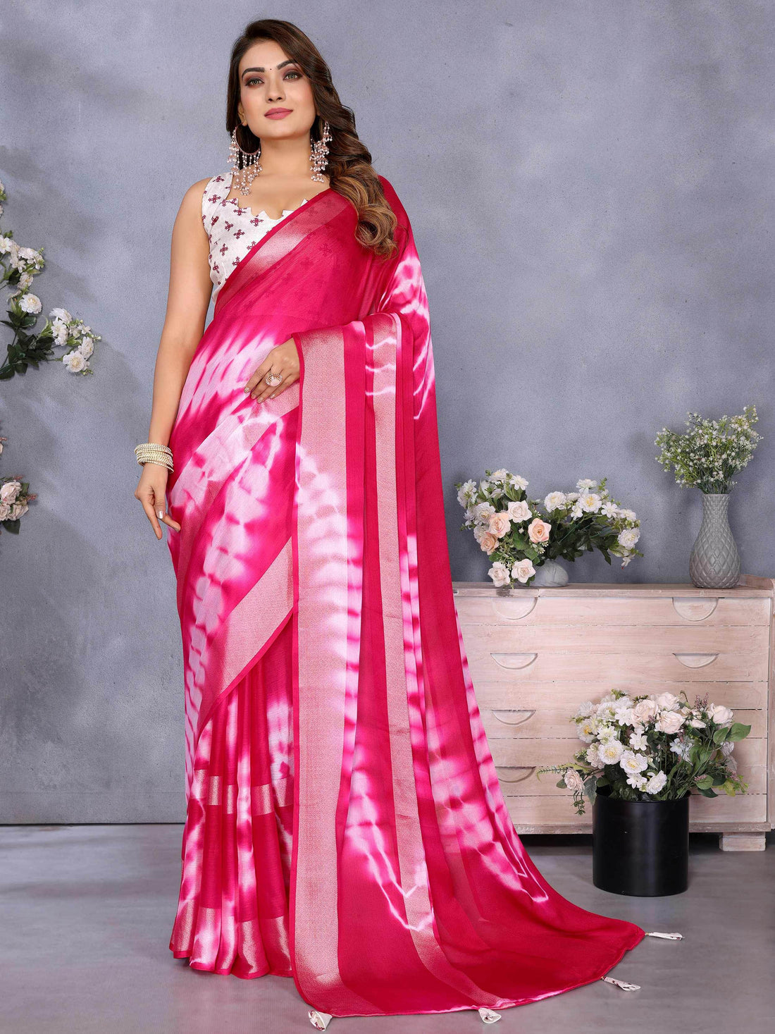 Pretty Pink Shibori Printed Chiffon Function Wear Saree With Blouse - Zeel Clothing