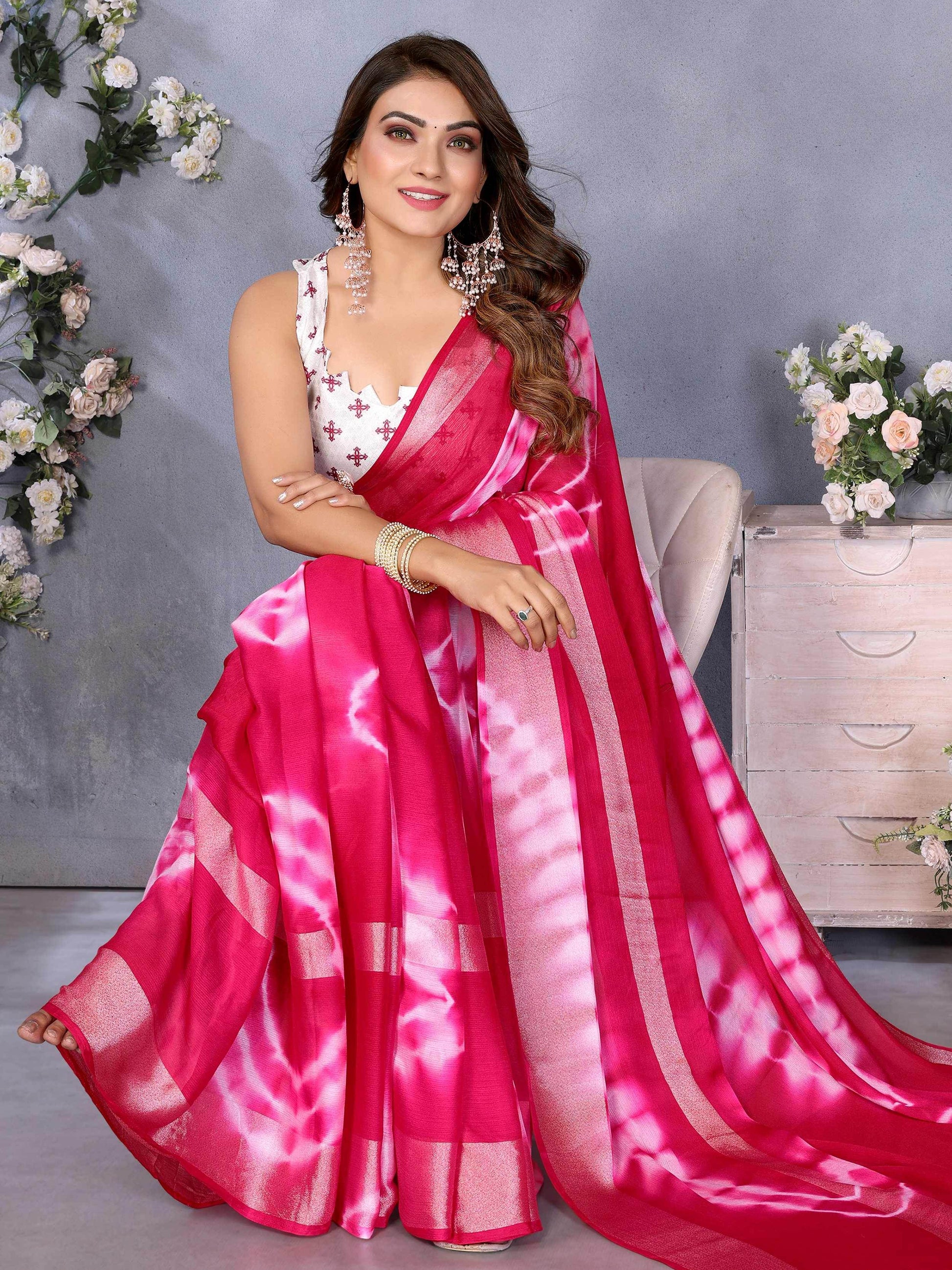 Pretty Pink Shibori Printed Chiffon Function Wear Saree With Blouse - Zeel Clothing
