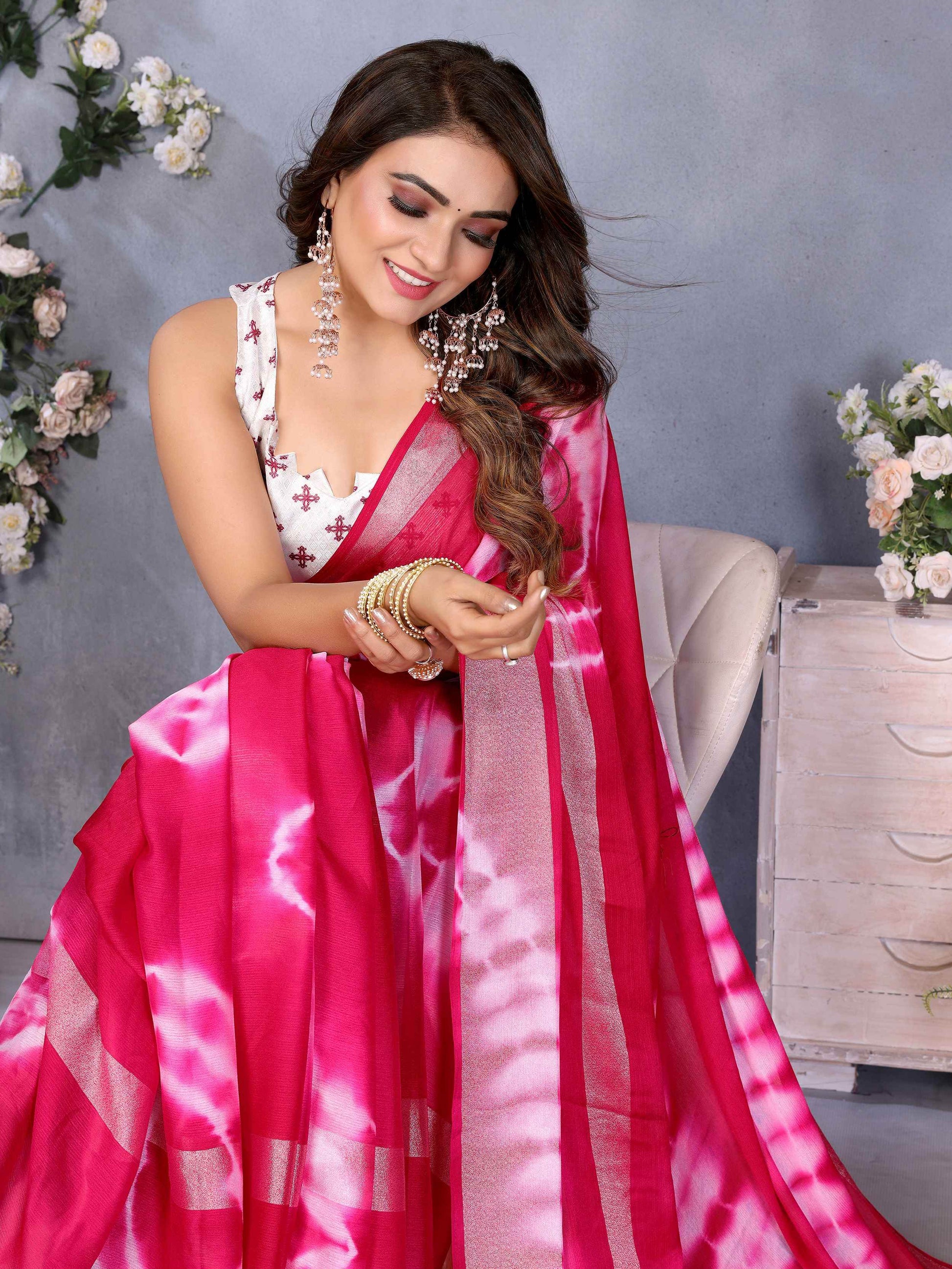 Pretty Pink Shibori Printed Chiffon Function Wear Saree With Blouse - Zeel Clothing