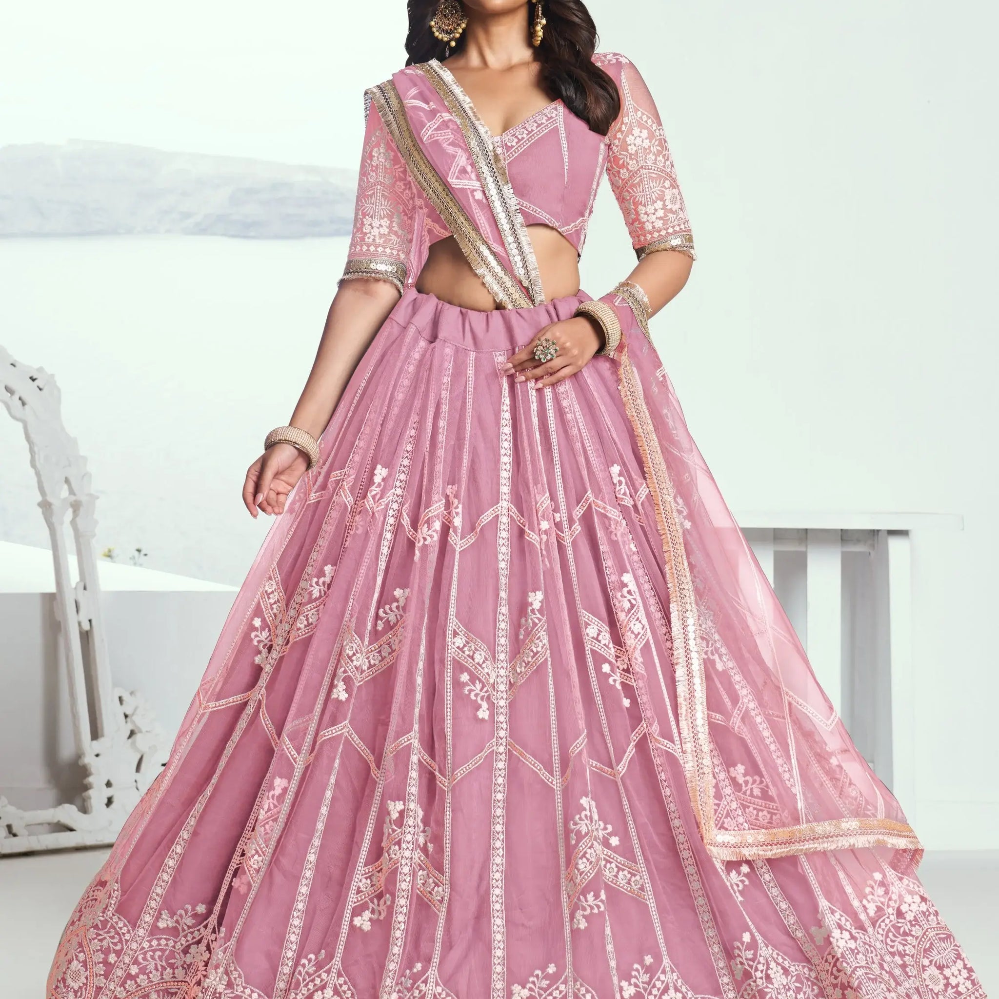 Pretty Pink Thread Embroidery Engagement Wear Lehenga Choli - Zeel Clothing