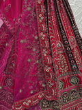 Pretty Pink Thread Work Velvet Bridal Lehenga Choli With Double Dupatta - Zeel Clothing
