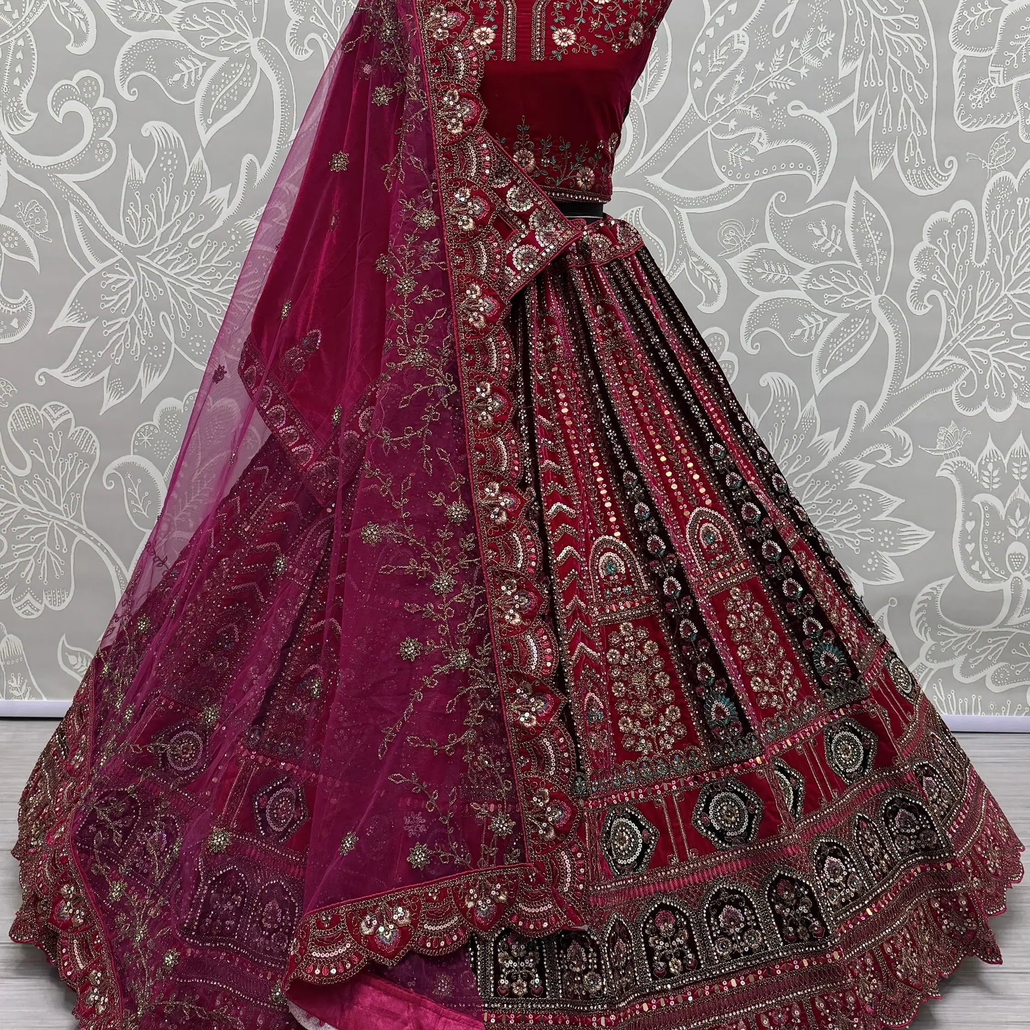 Pretty Pink Thread Work Velvet Bridal Lehenga Choli With Double Dupatta - Zeel Clothing