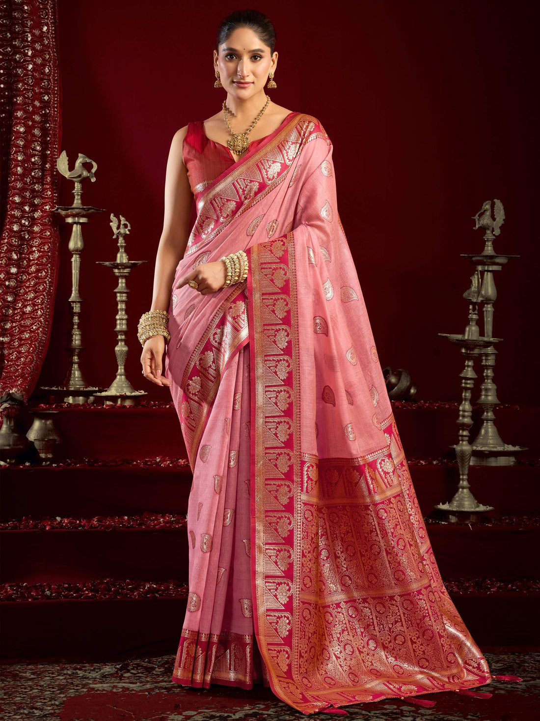 Pretty Pink Zari Weaving Banarasi Silk Designer Saree With Blouse