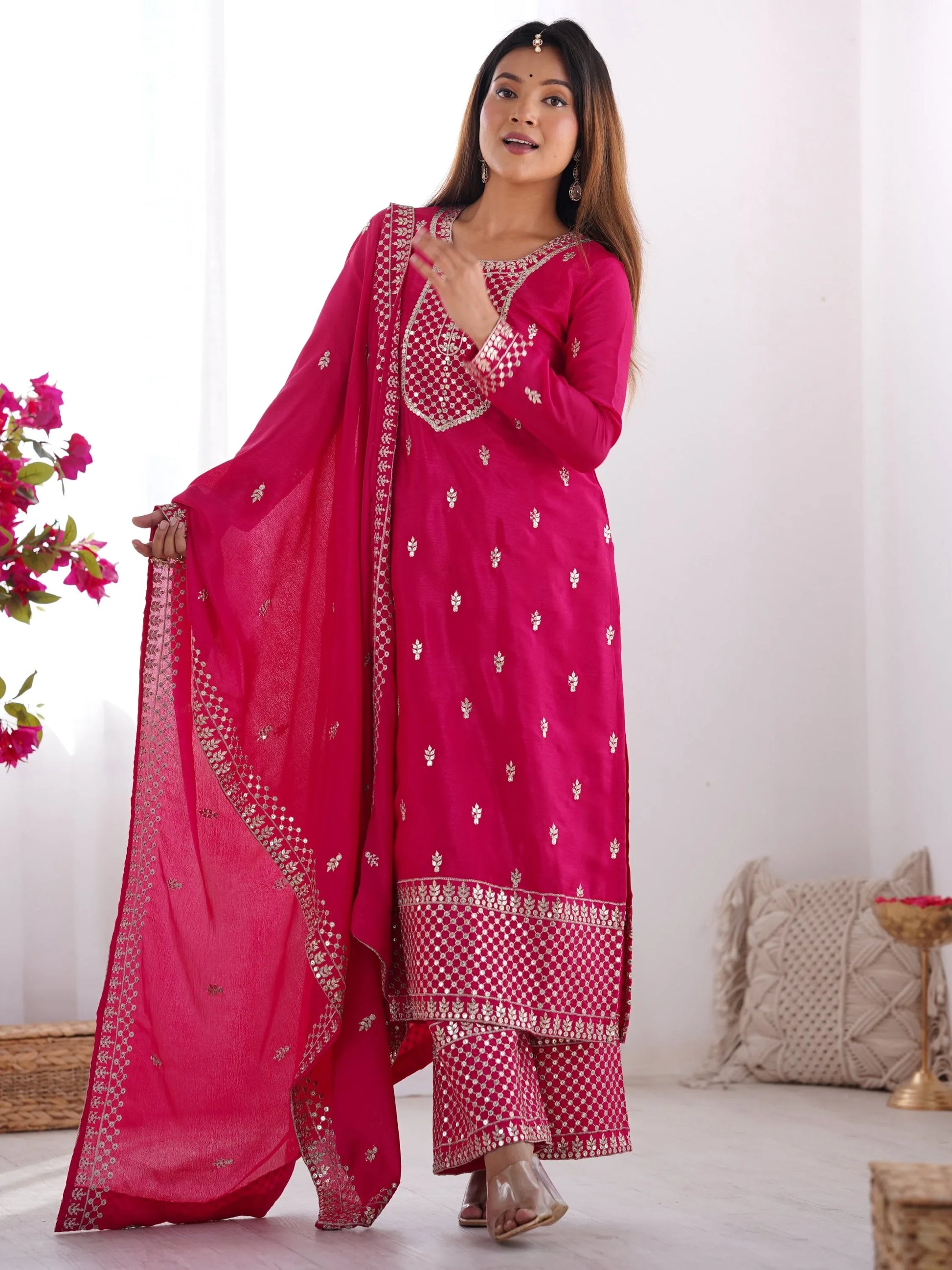 Pretty Pink Zari Work Chinon Wedding Wear Palazzo Suit With Dupatta - Zeel Clothing