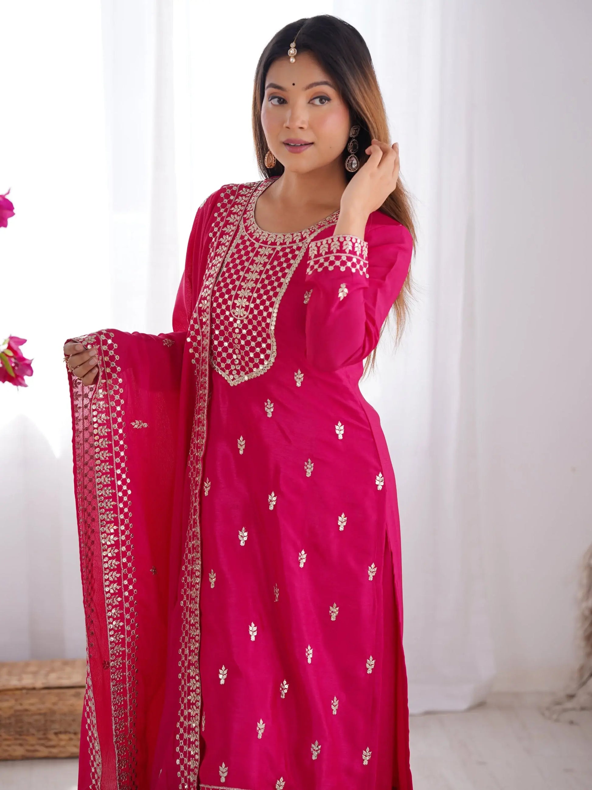 Pretty Pink Zari Work Chinon Wedding Wear Palazzo Suit With Dupatta - Zeel Clothing