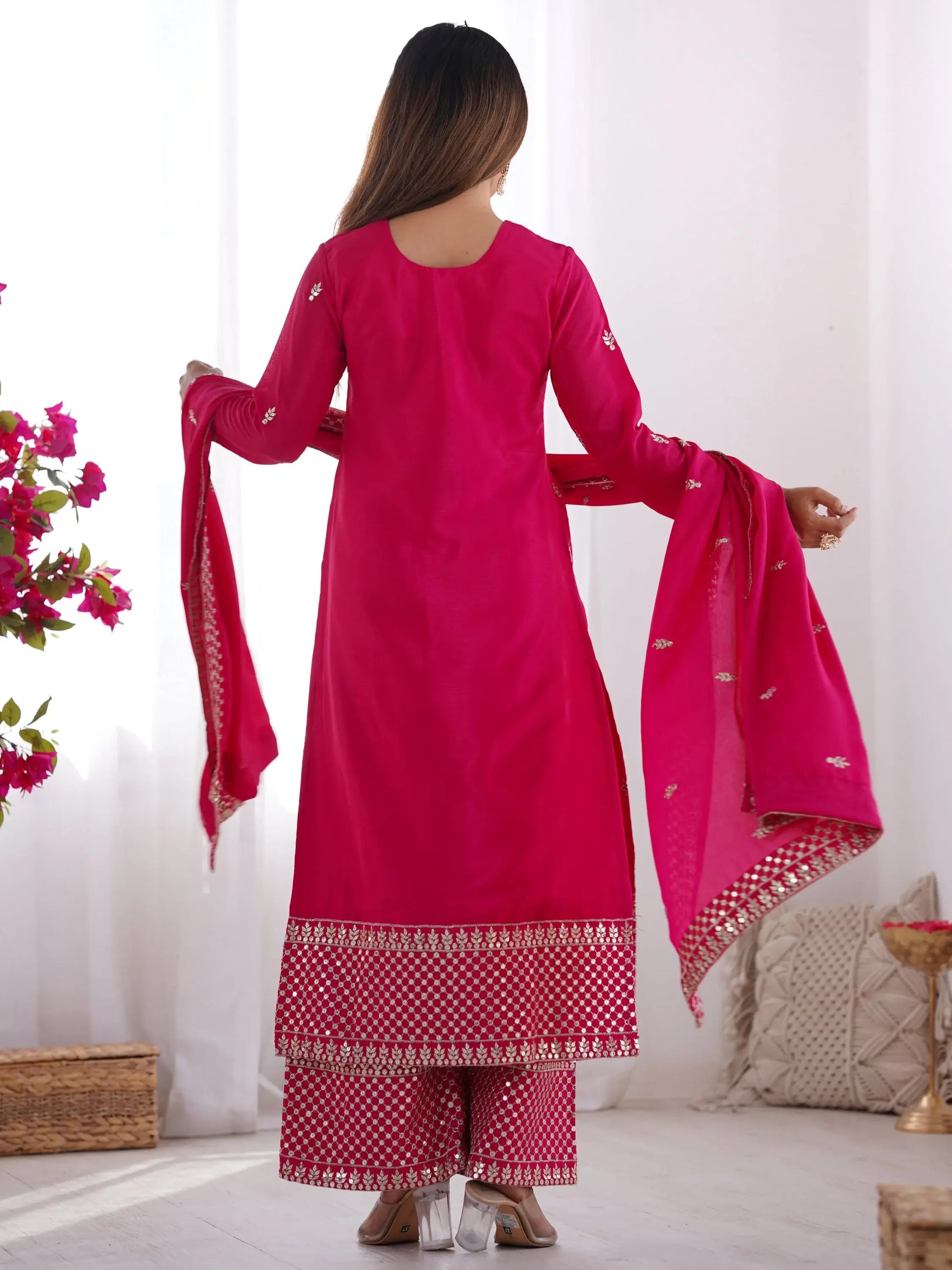 Pretty Pink Zari Work Chinon Wedding Wear Palazzo Suit With Dupatta - Zeel Clothing