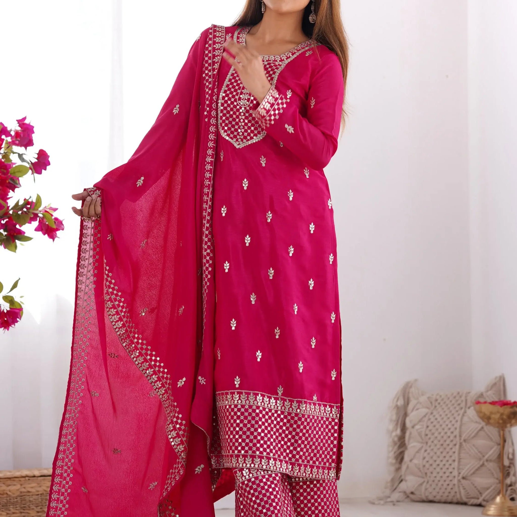 Pretty Pink Zari Work Chinon Wedding Wear Palazzo Suit With Dupatta - Zeel Clothing
