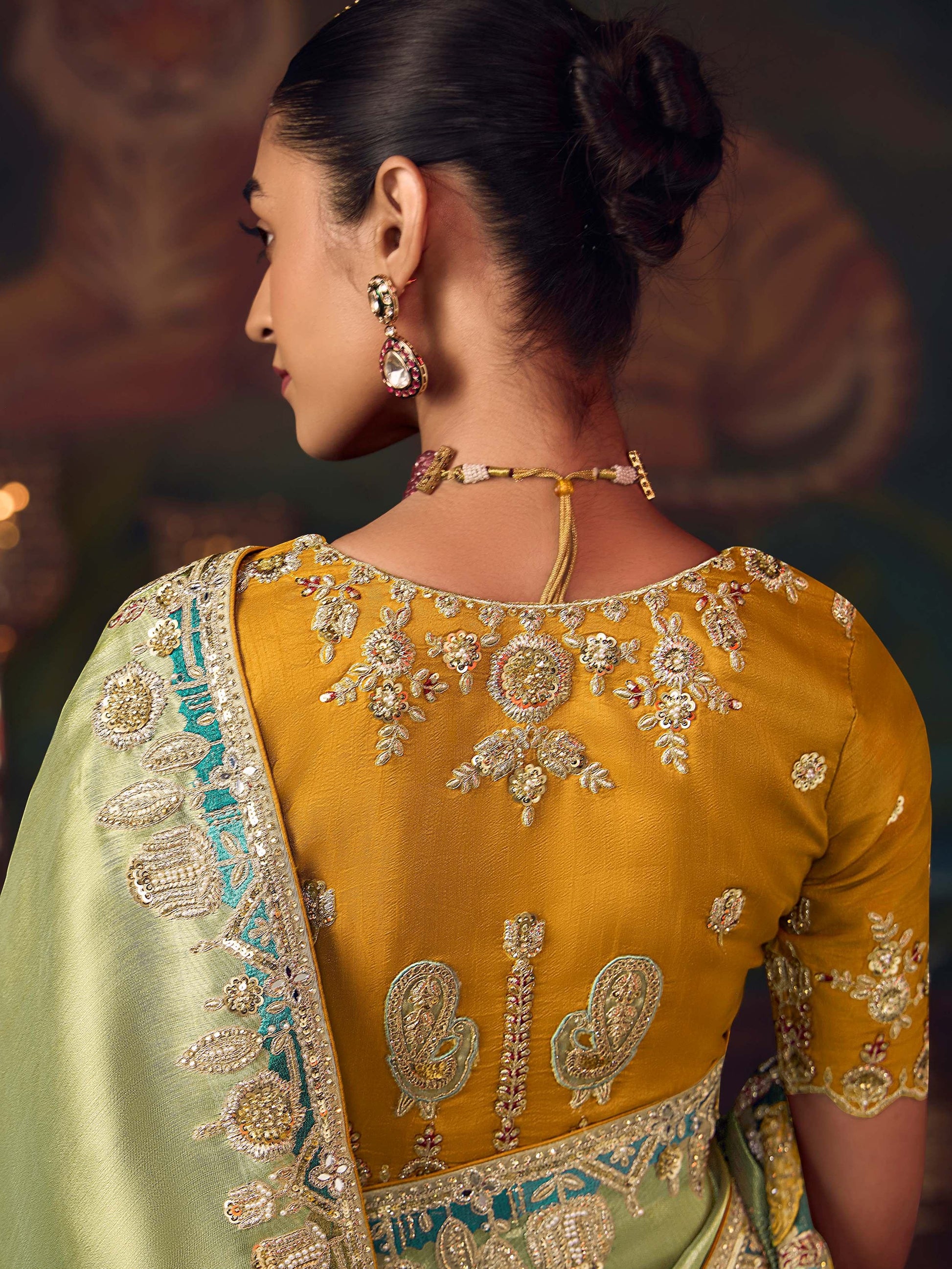 Pretty Pista Green Dori Embroidered Silk Event Wear Saree With Blouse