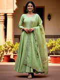 Pretty Pista Green Embroidered Silk Mehendi Wear Gown With Dupatta