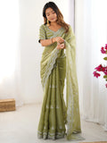 Pretty Pista Green Thread Work Organza Event Wear Saree With Blouse - Zeel Clothing